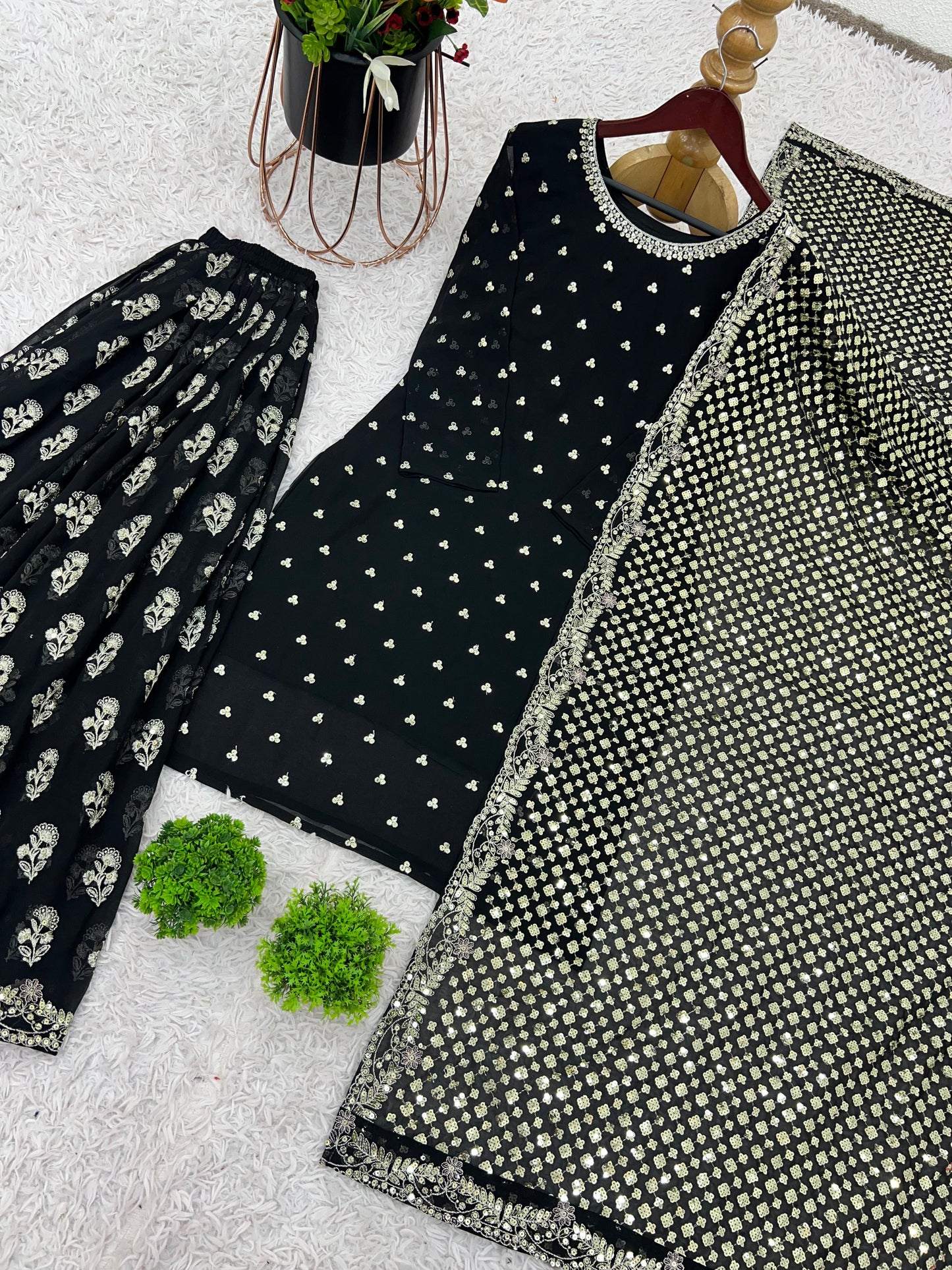 Bling Black Party Wear Top Plazo Suit Set