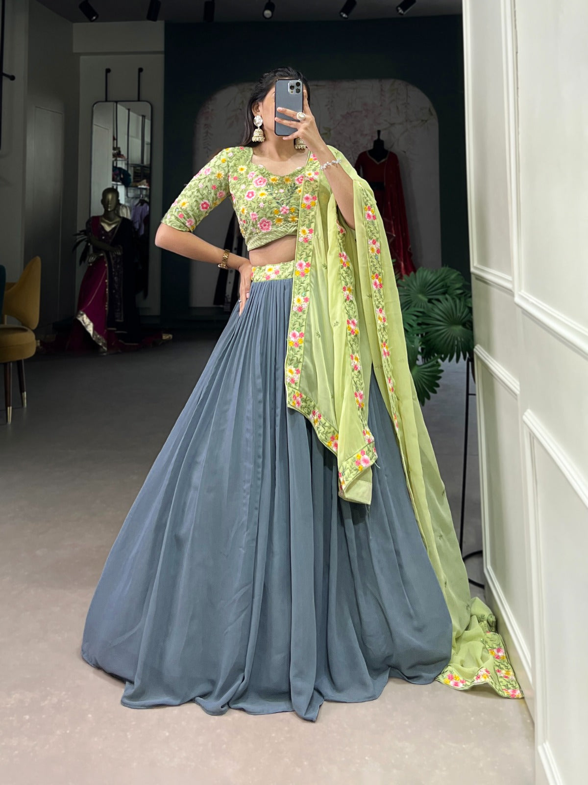 Radiate Soft Glamour in Gray and Pista Bridesmaid Attire