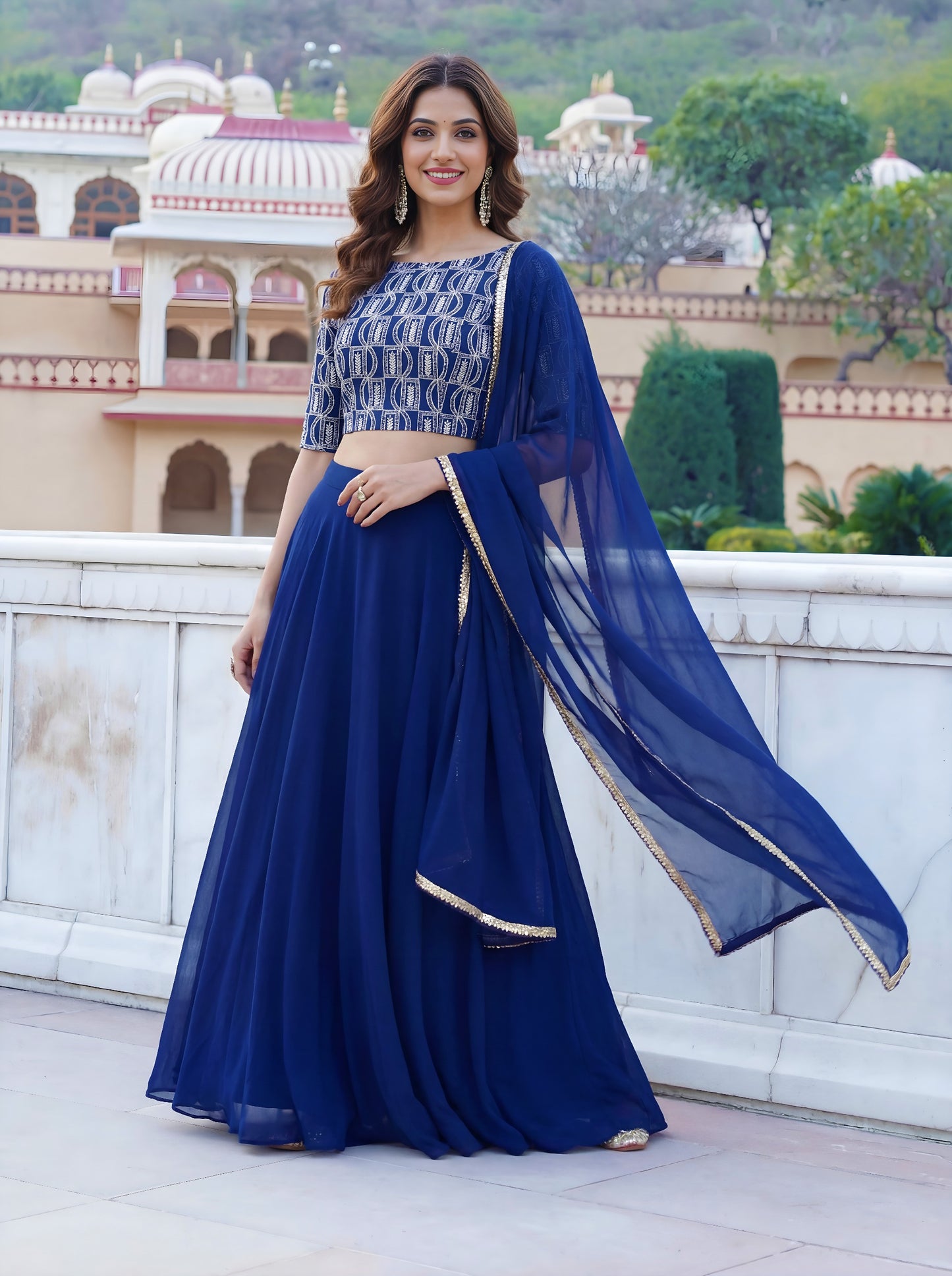 Royal Blue Embroidered Georgette Lehenga Set