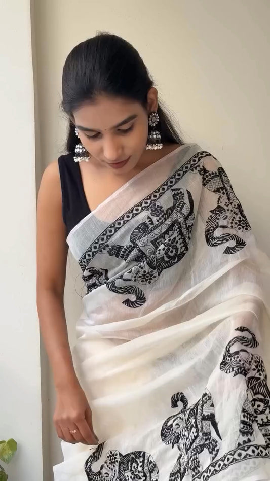 Light Weight Soft Cotton Black & White Combination Attractive Saree