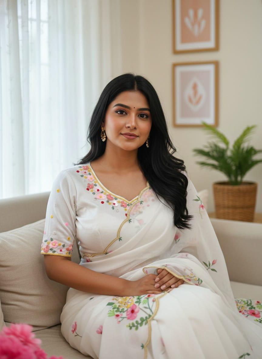 RICH CELEBRITY STYLE HANDWORK SOFT TABI FLOWER PRINT ORGANZA SAREE