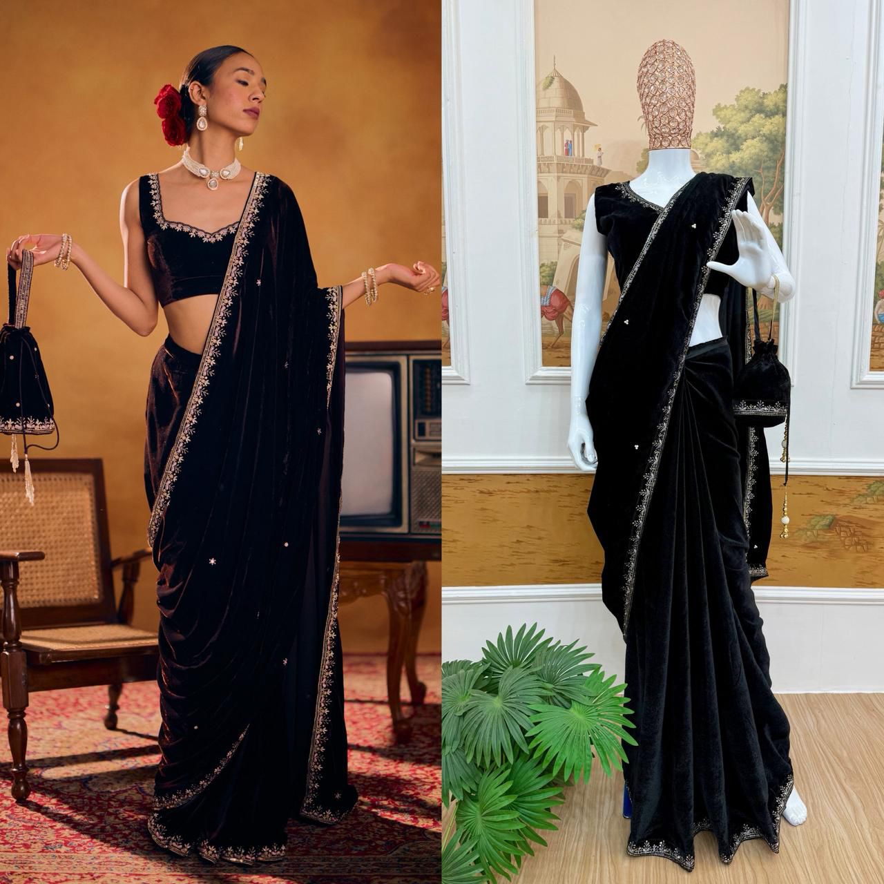 Superhit Premium Velvet Saree With Stiched Blouse