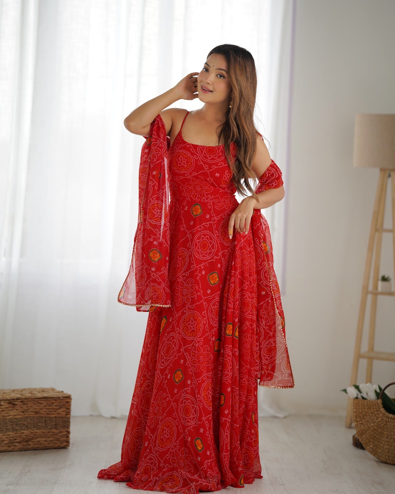 Red Rubrik Stylish Pure Soft Light Weight Chiffon Bandhej