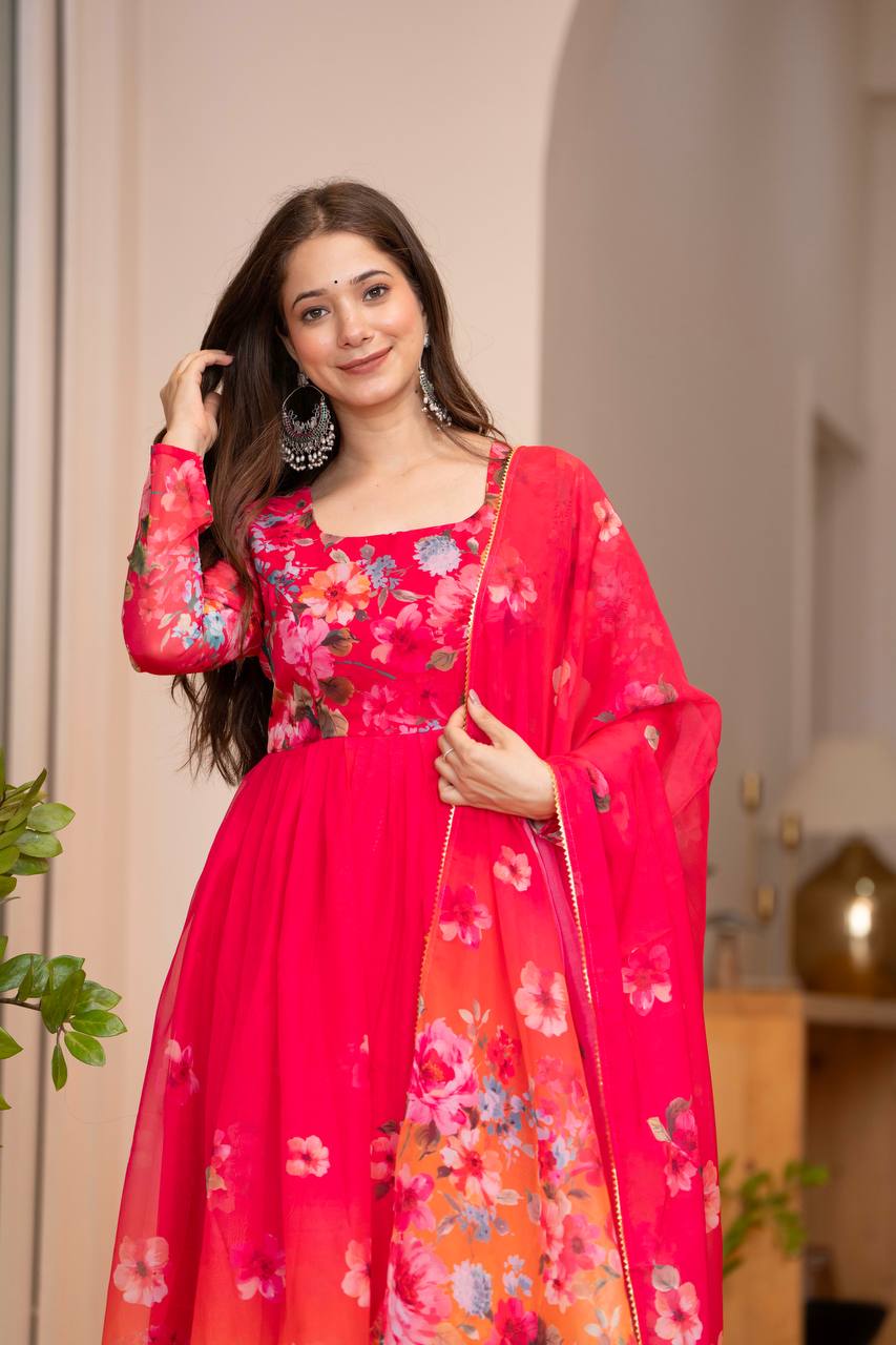 Soft Lightweight Organza Floral Ready To Wear Anarkali Gown