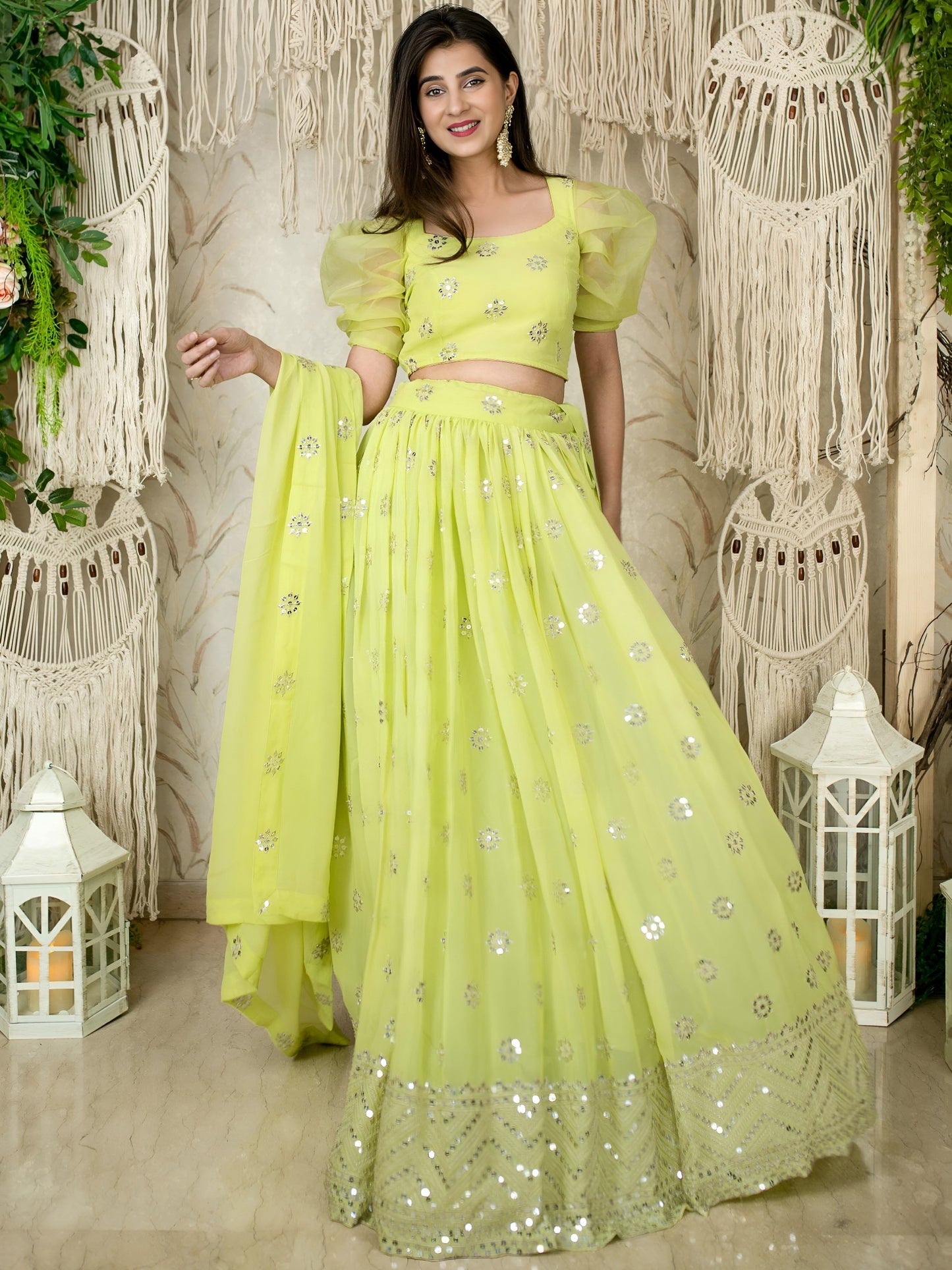 Lime Green Sequins Embroidered Lehenga