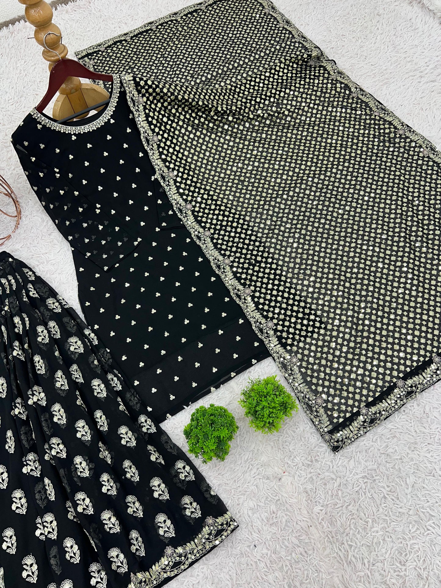 Bling Black Party Wear Top Plazo Suit Set