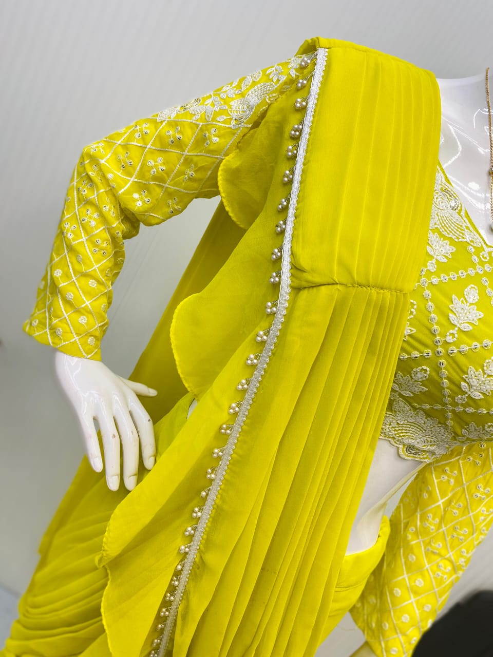 LEMON YELLOW RUFFLE READY TO WEAR SAREE
