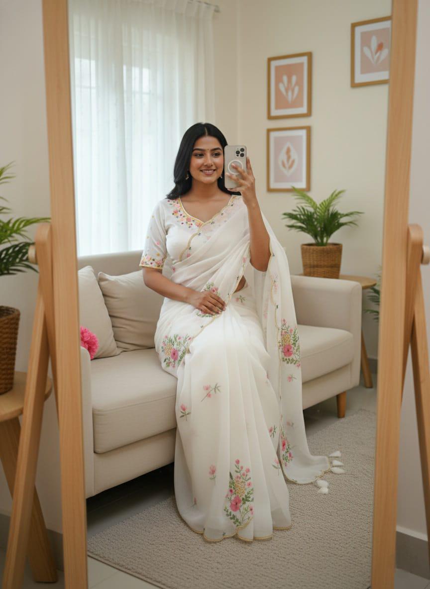 RICH CELEBRITY STYLE HANDWORK SOFT TABI FLOWER PRINT ORGANZA SAREE