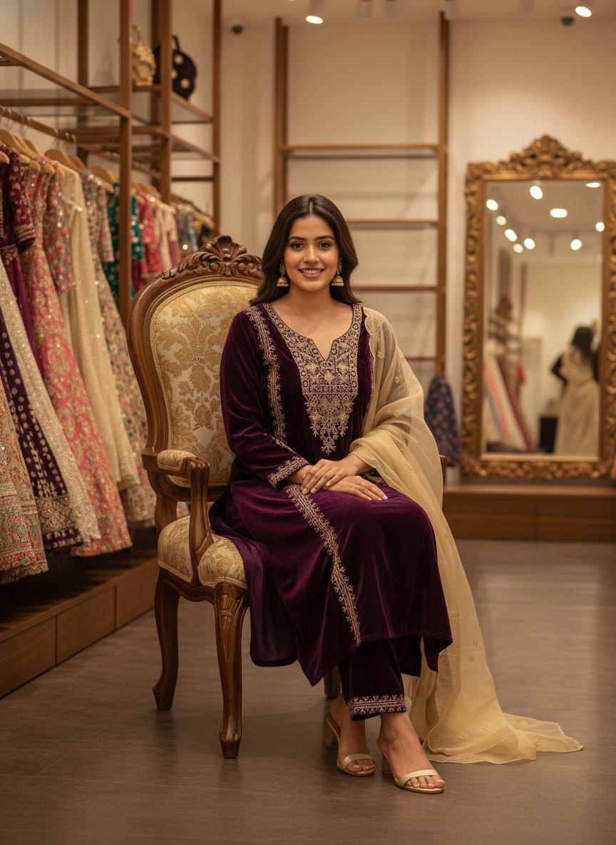 Warm Evenings Pure Velvet Designed Ready To Wear Suit Outfit