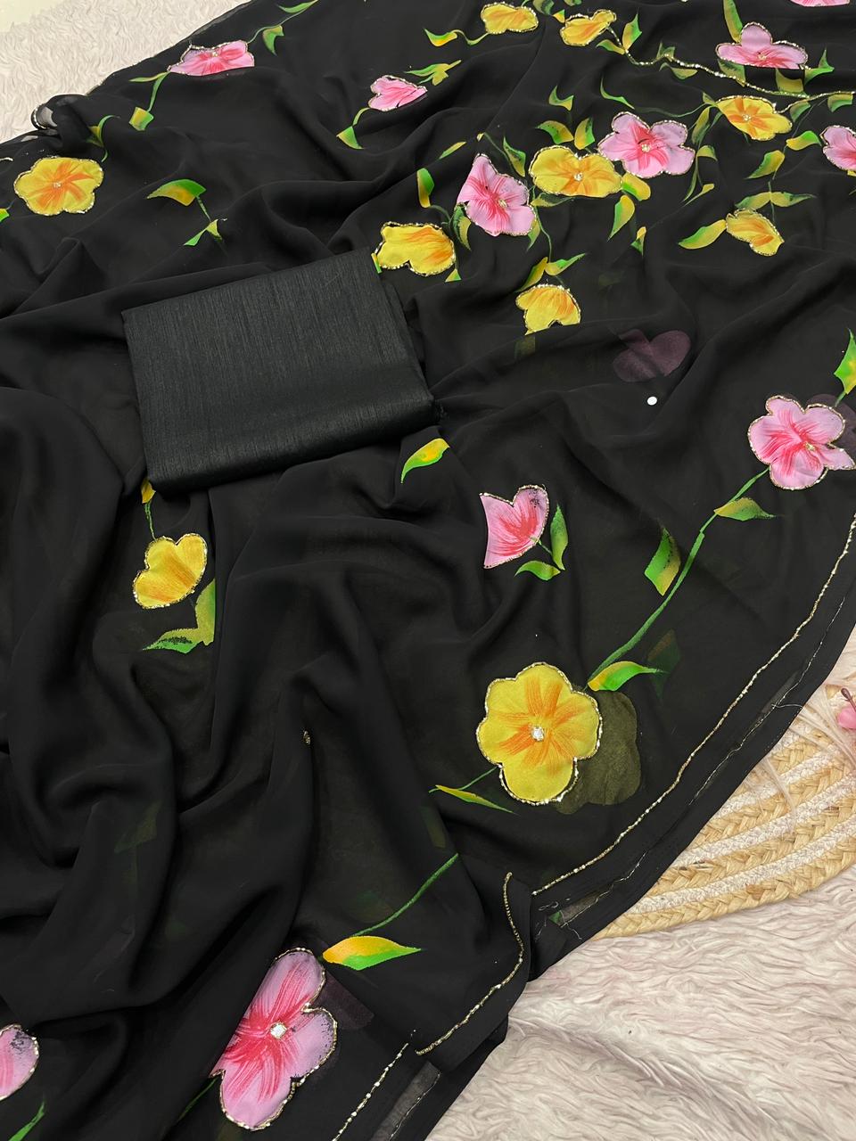 Hand Painted Black Floral Saree