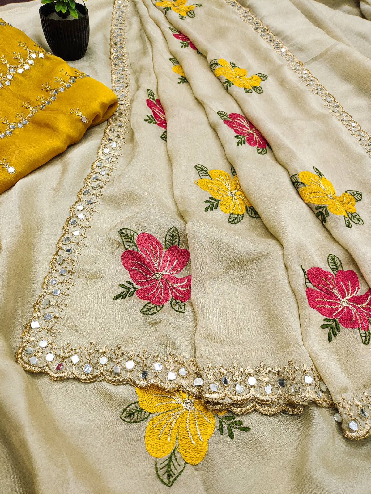 Premium Floral Embroidery Real Mirror Work Party Pastal Saree