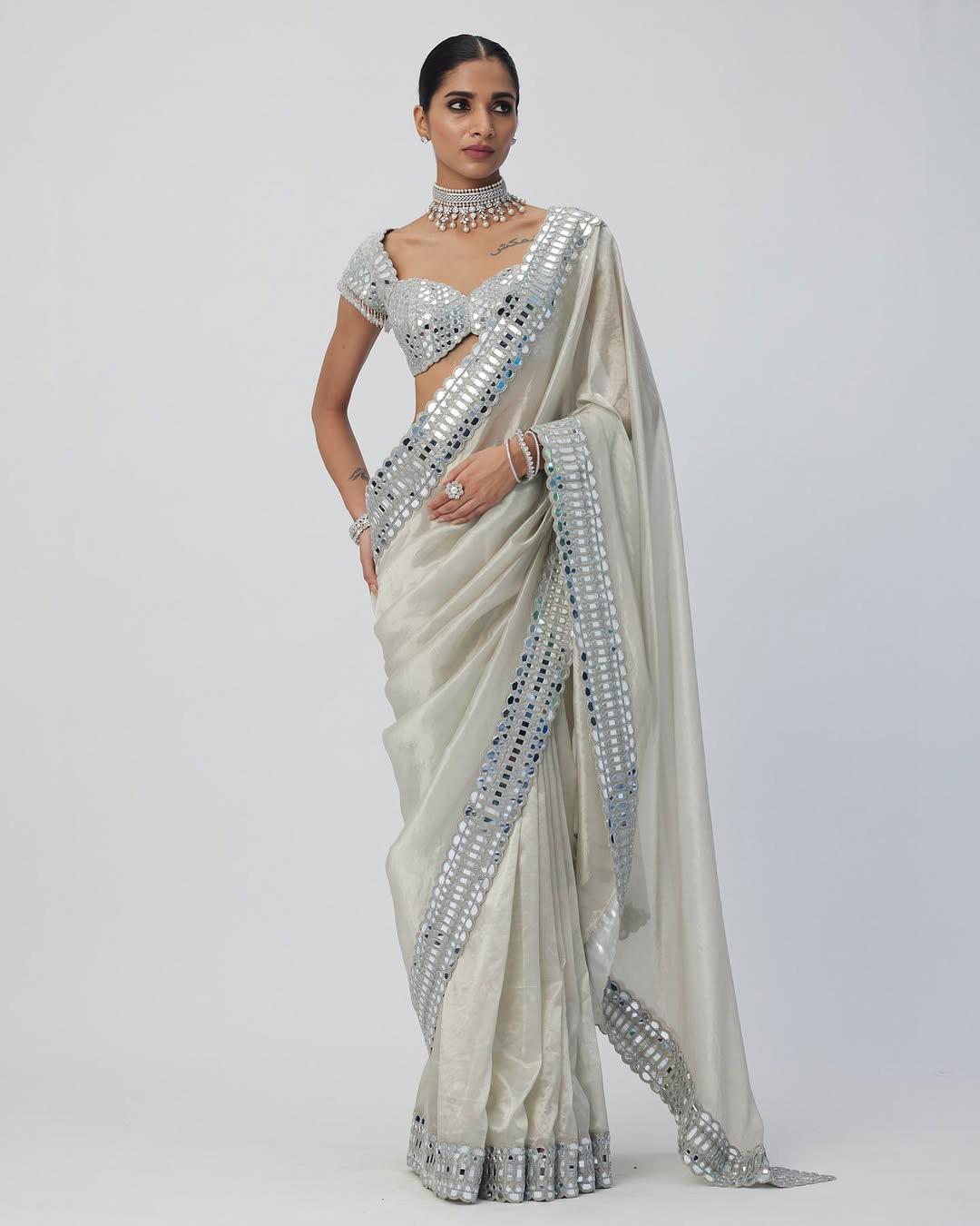 Ananya Mirror White Saree With Stitched Blouse