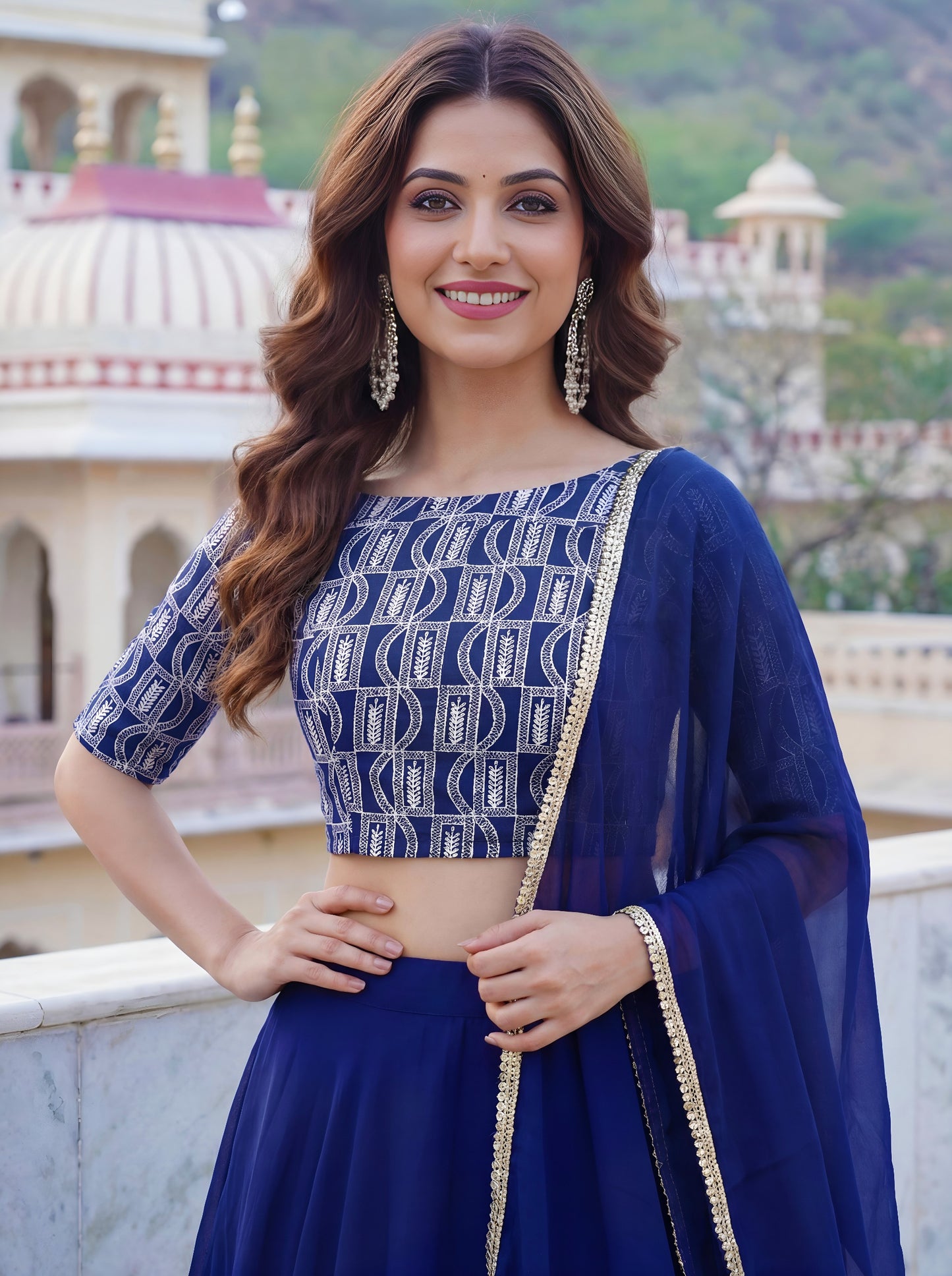 Royal Blue Embroidered Georgette Lehenga Set
