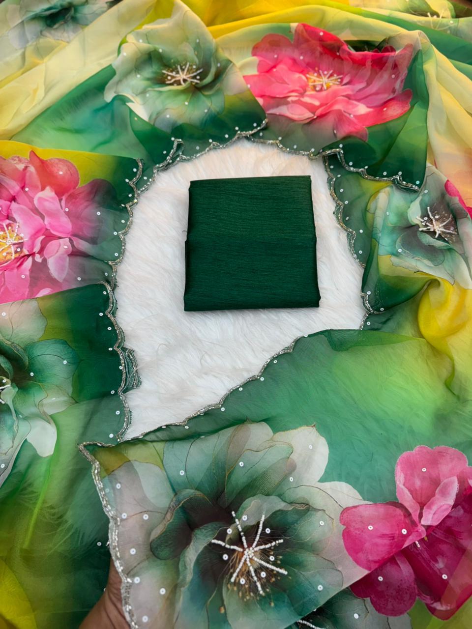 Floral Green Premium Organza Saree