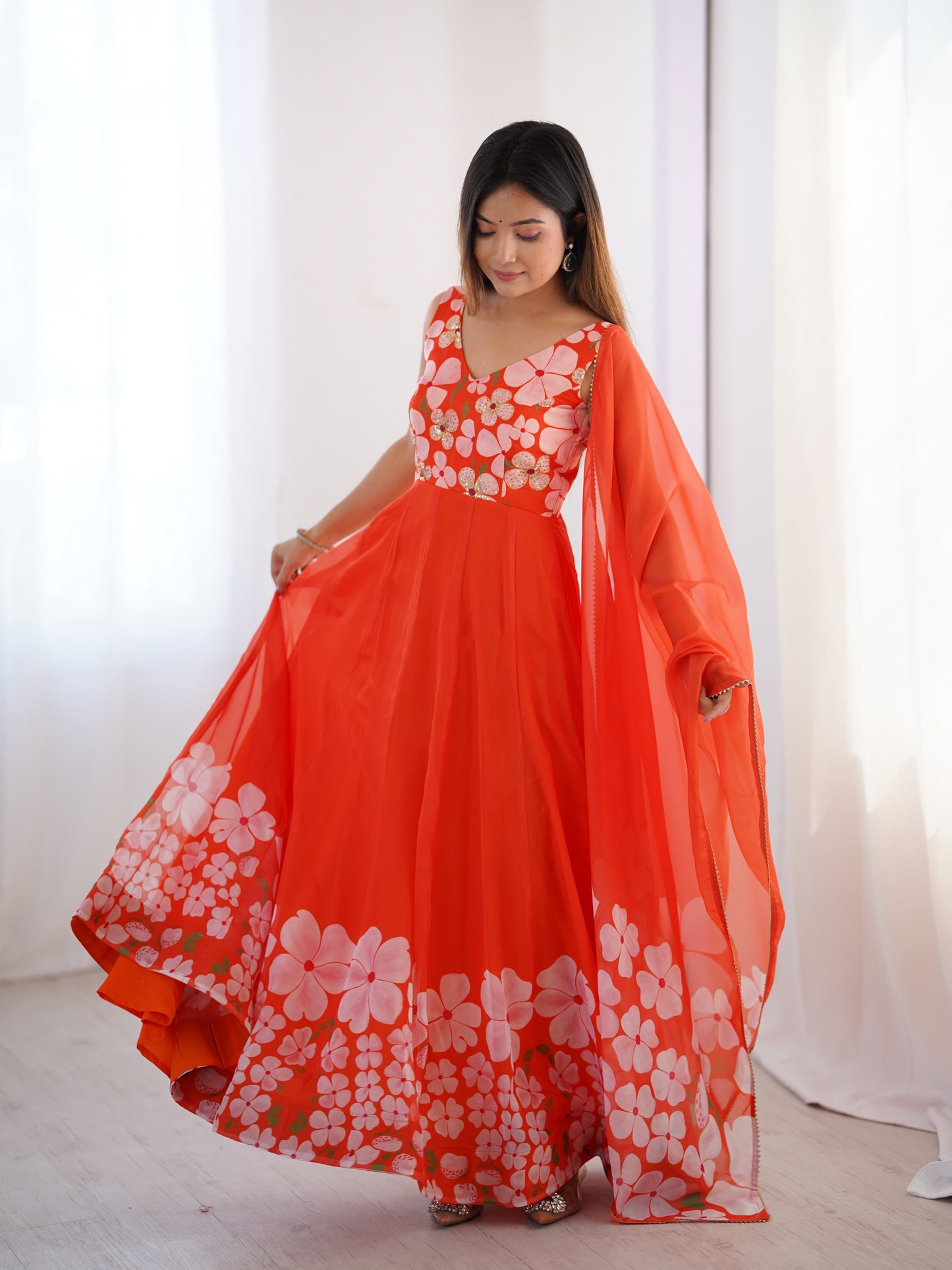 Orange Auspicious Handworked Gown (Ready To Wear)