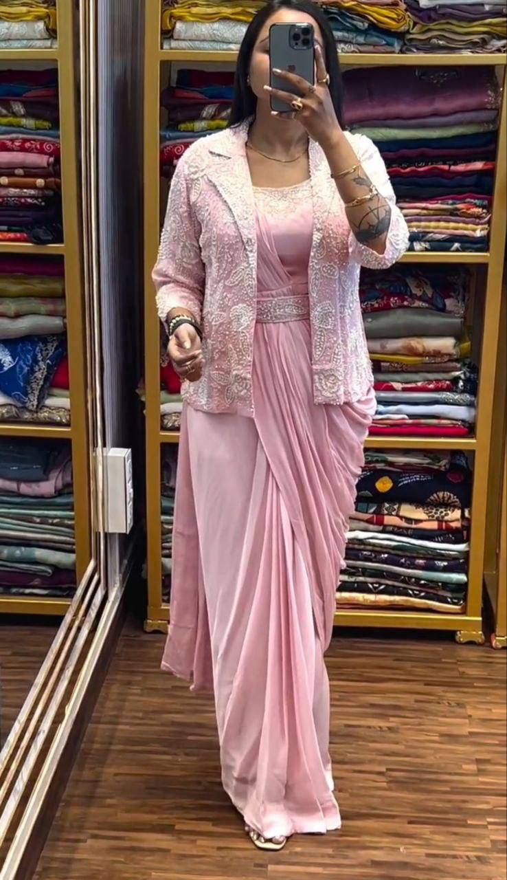 Koti Jacket Style Ready To Wear Trending Embroidery Sequence Work Saree
