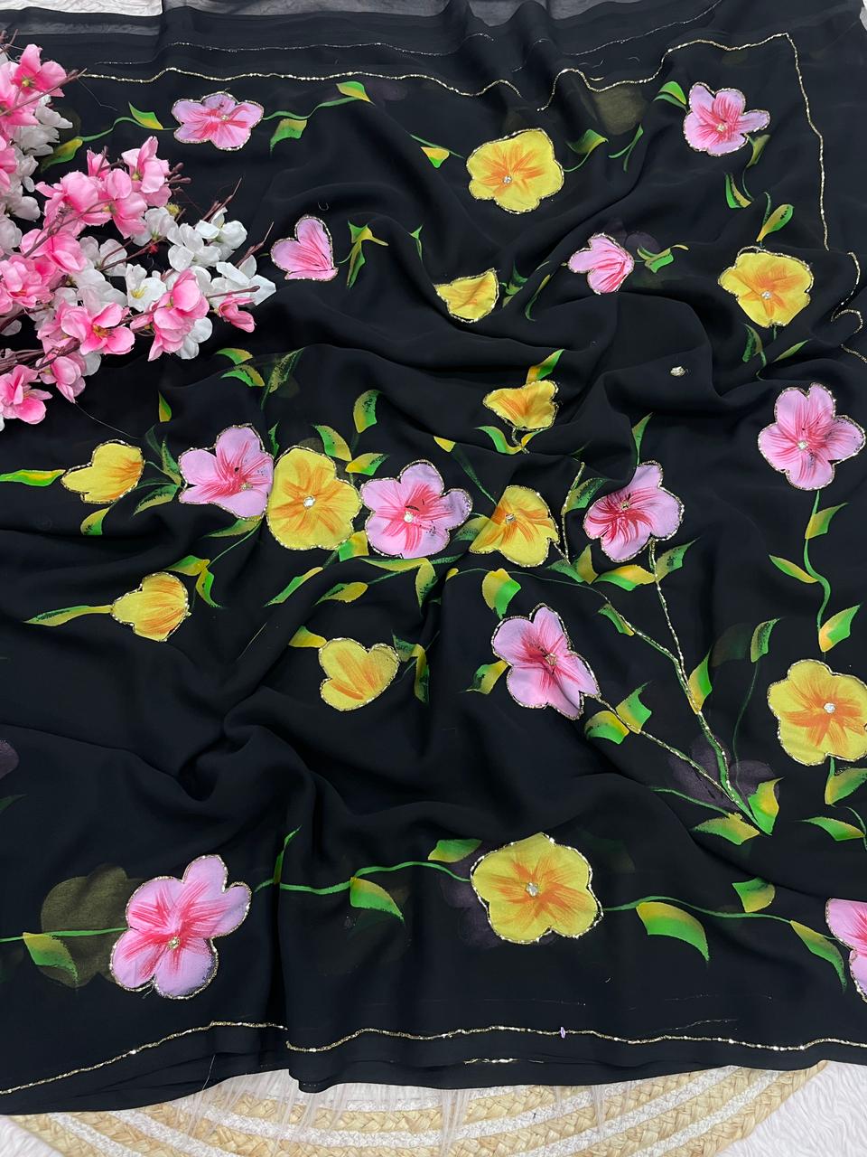 Hand Painted Black Floral Saree