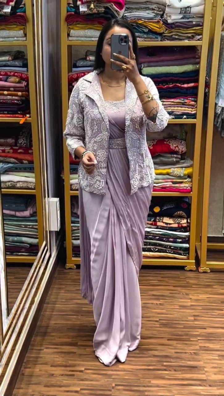 Koti Jacket Style Ready To Wear Trending Embroidery Sequence Work Saree
