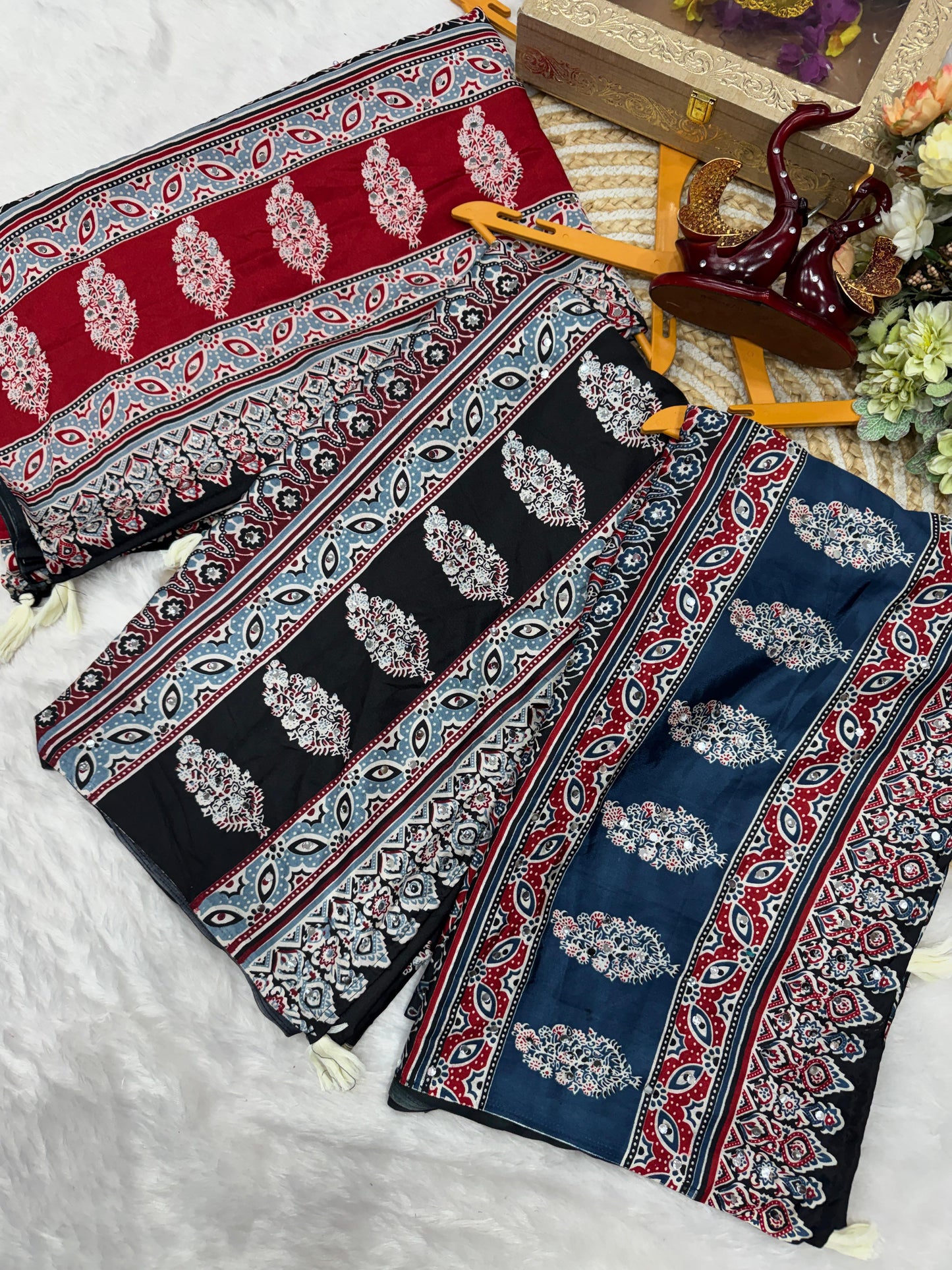 Glittering Ajarakh Real Mirror Work Saree