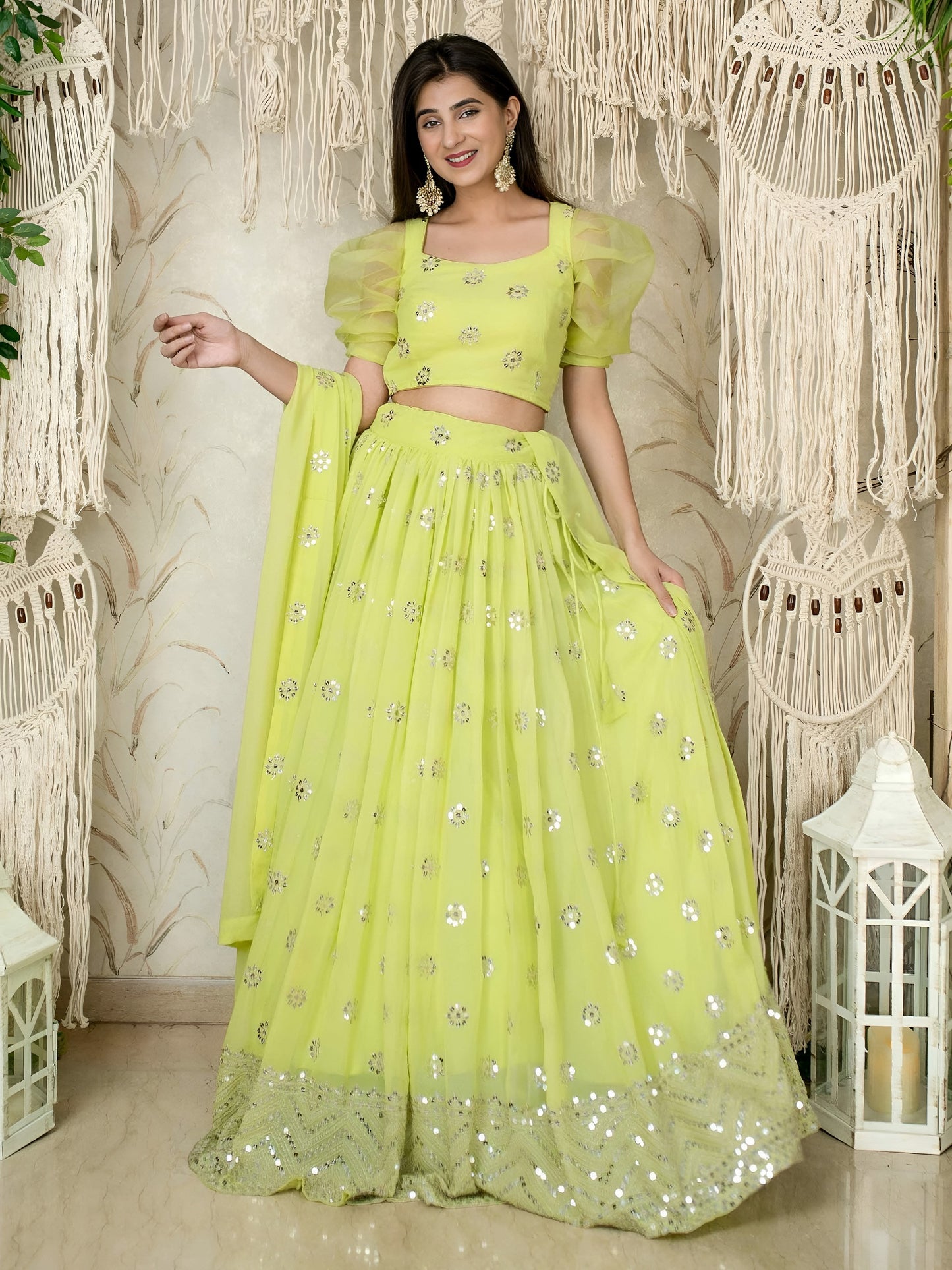 Lime Green Sequins Embroidered Lehenga