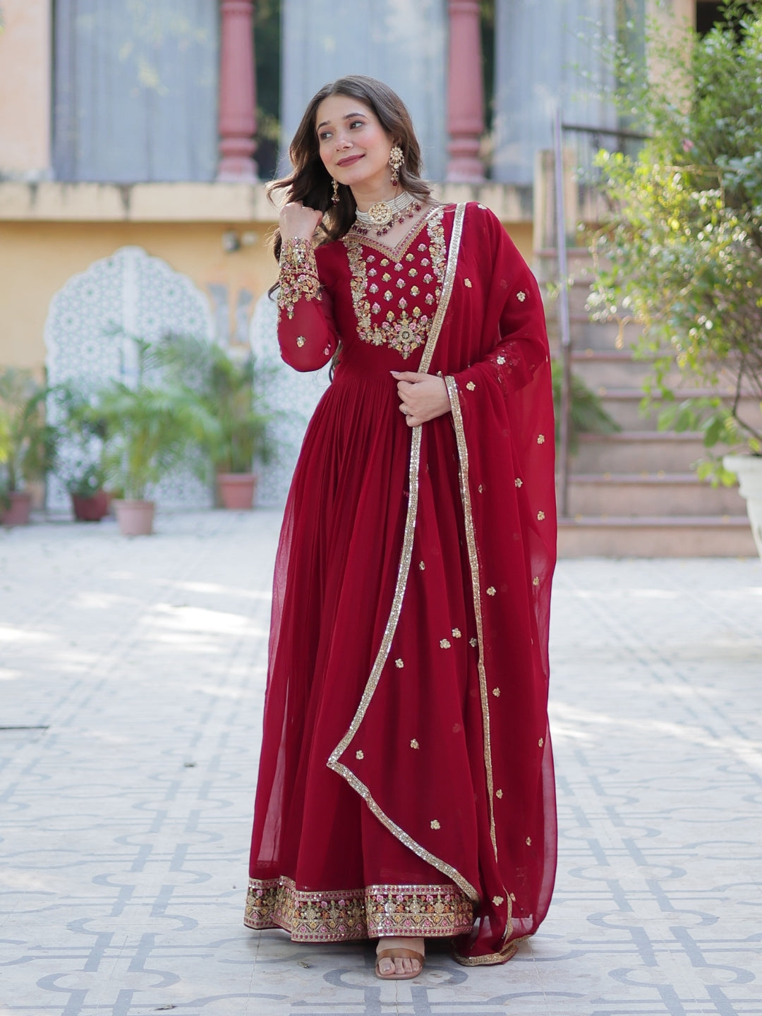Maroon Georgette Premium Designer Gown Dupatta Set