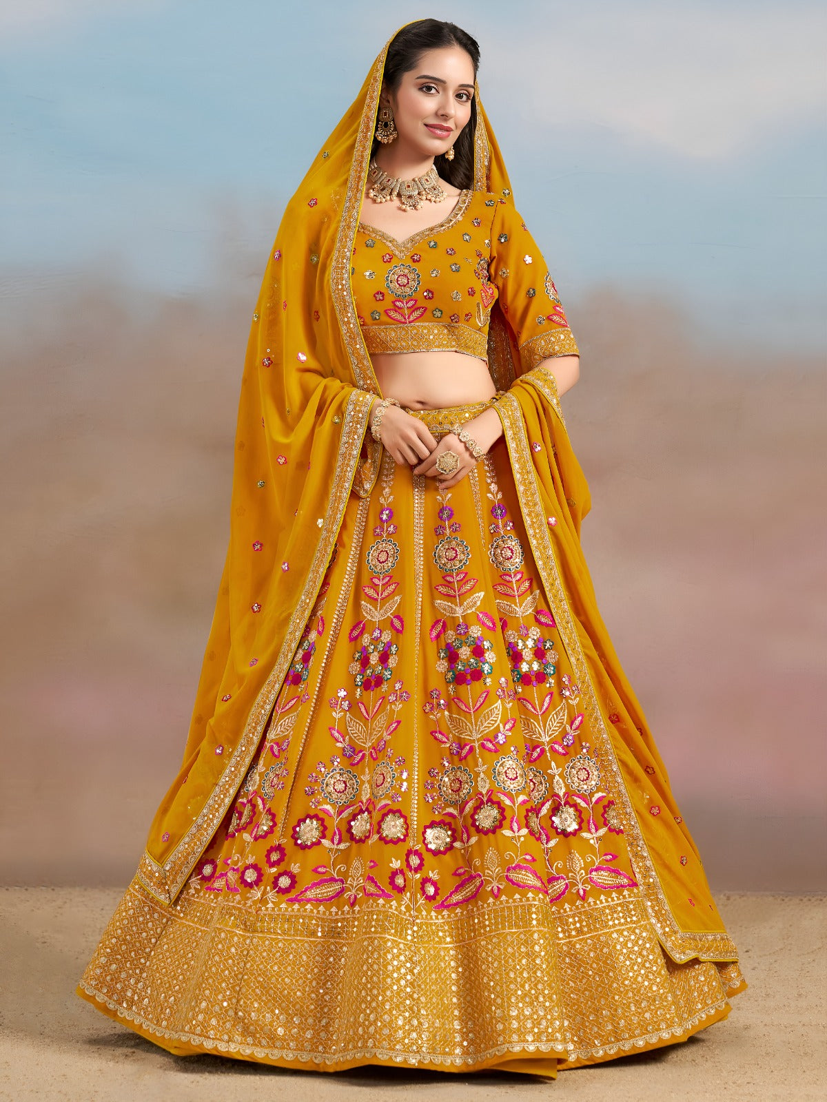 Sunlit Mustard Floral Embroidered Lehenga