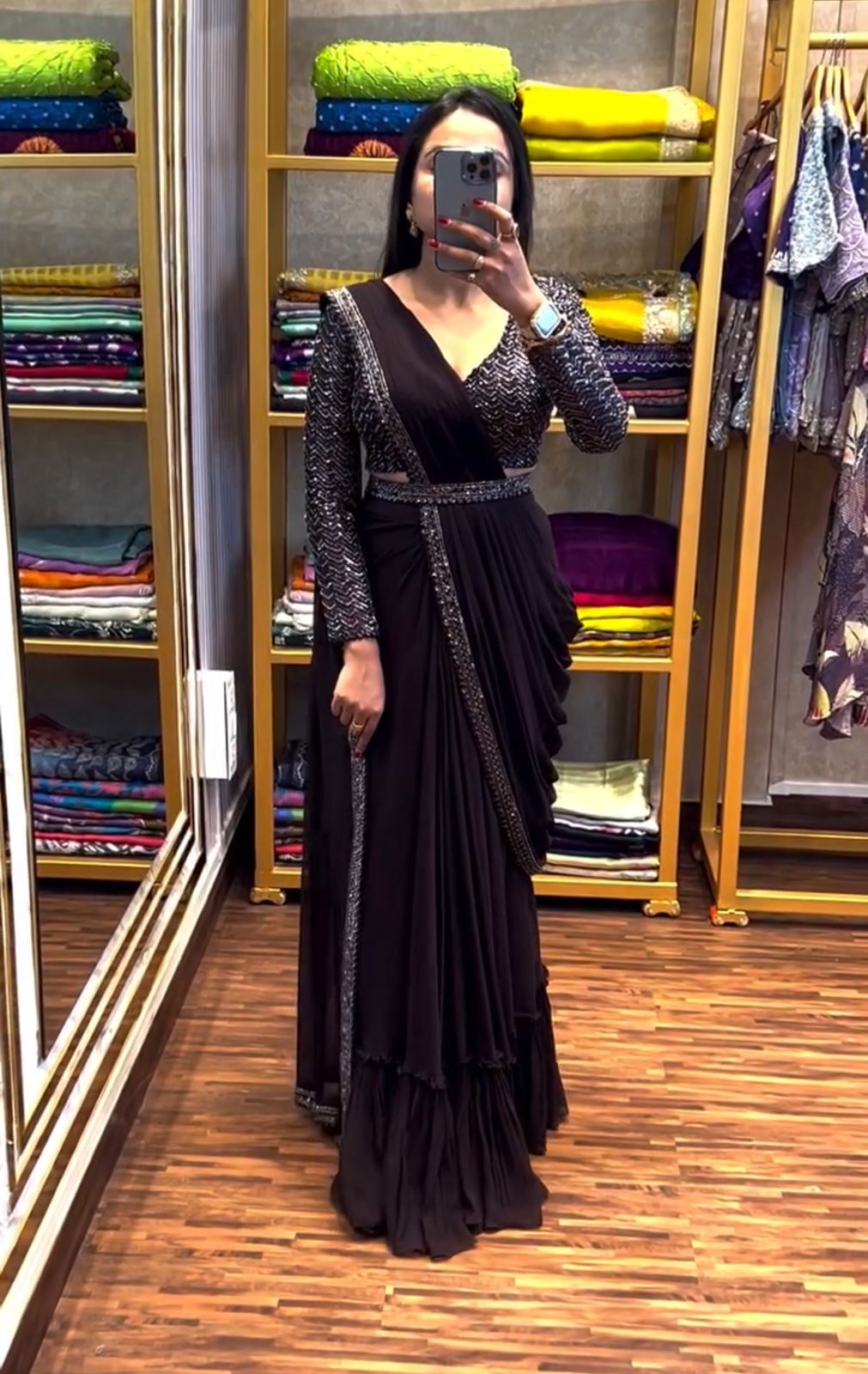 Effortless Pre Draped Ready To Wear Embroidered Sequins Work Saree