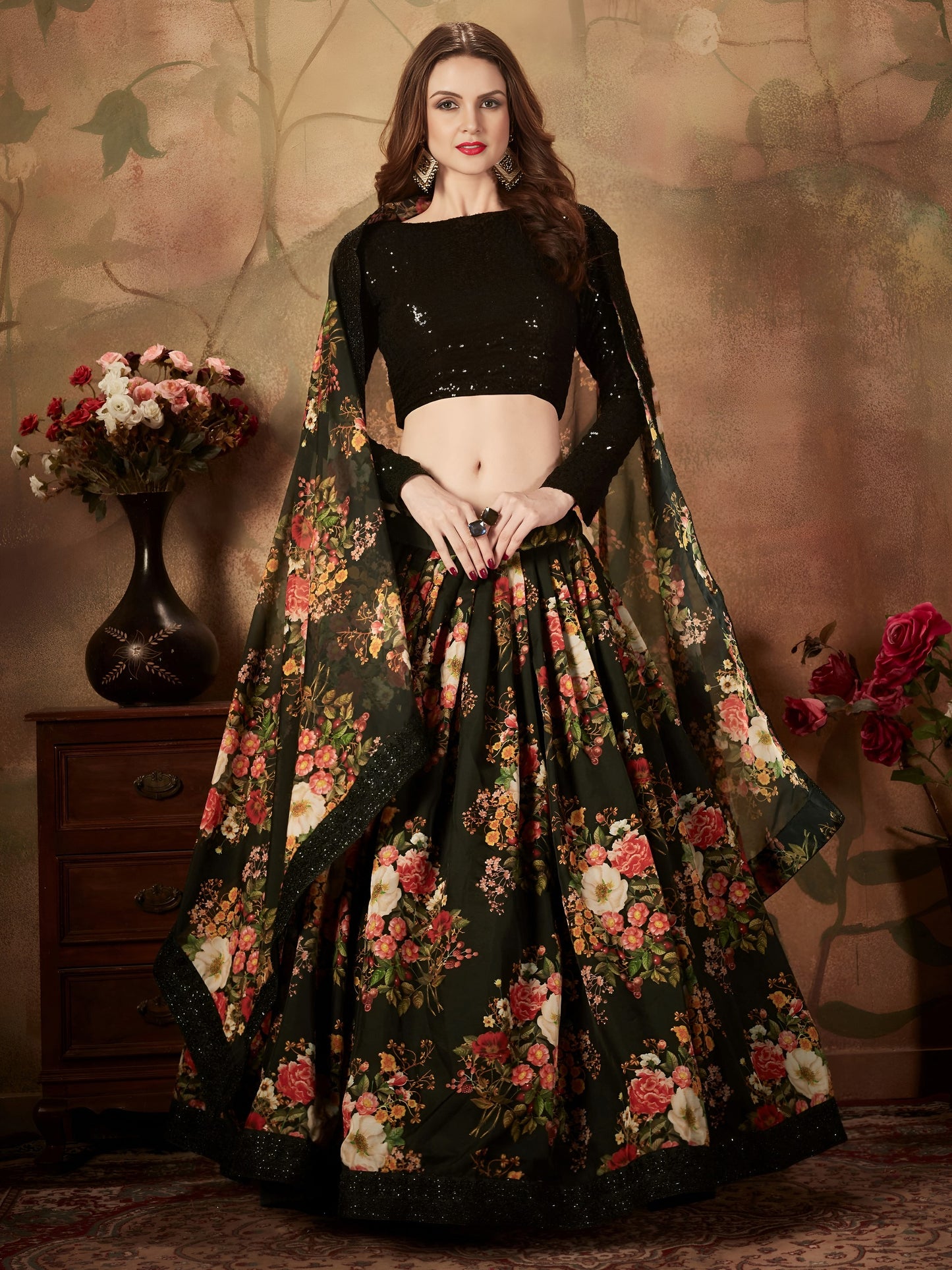 Organza Black Floral Party Lehanga