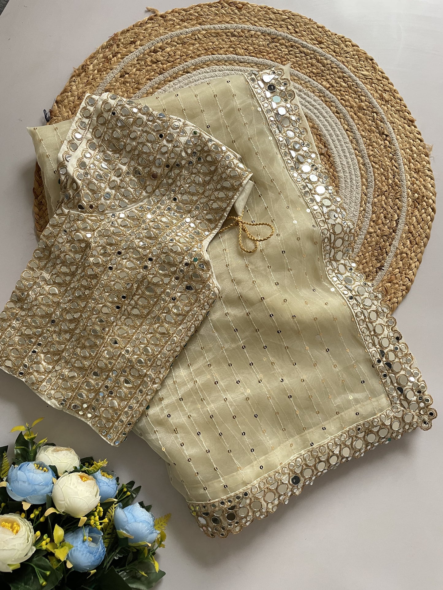 Mirror Work Premium Organza Saree with stiched blouse
