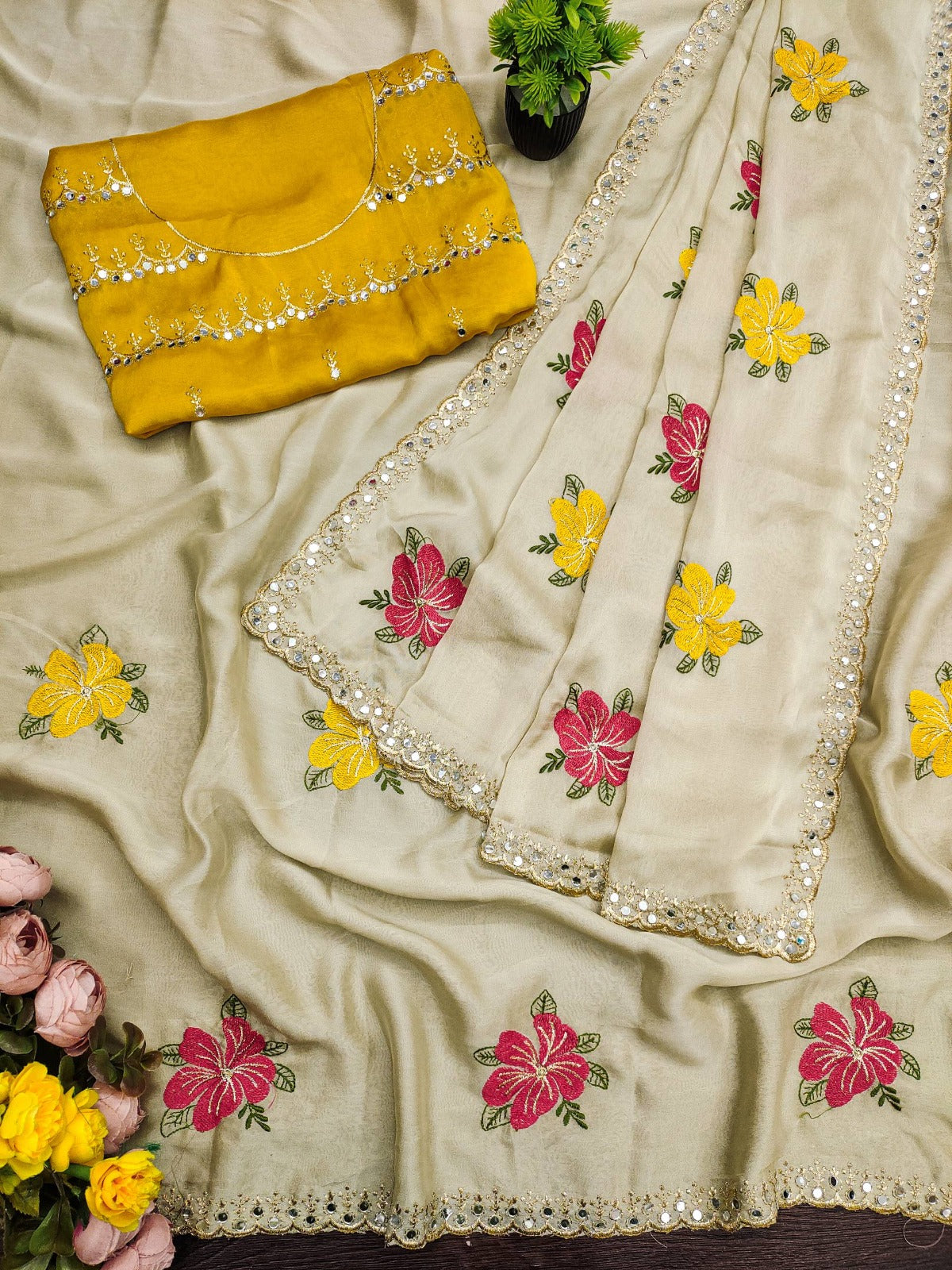 Premium Floral Embroidery Real Mirror Work Party Pastal Saree