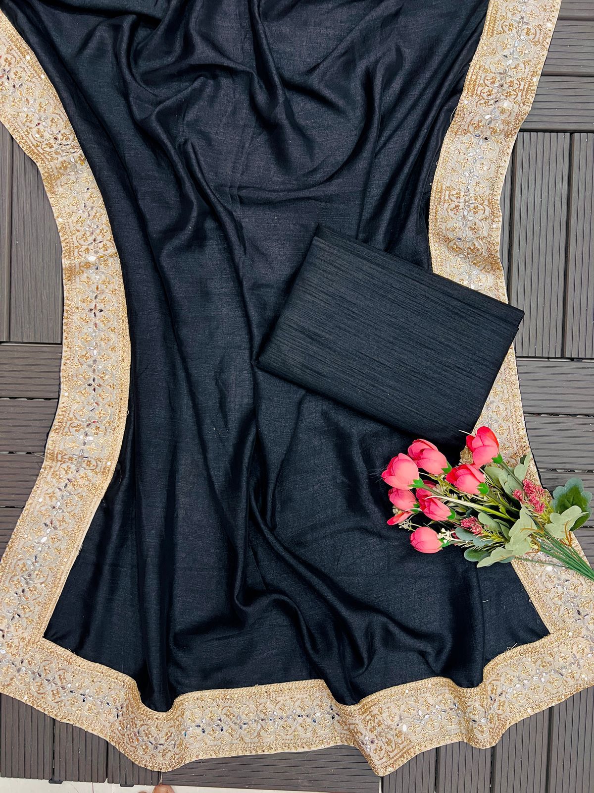 Royal Black Vichitra Silk Sequins Embroidered Saree