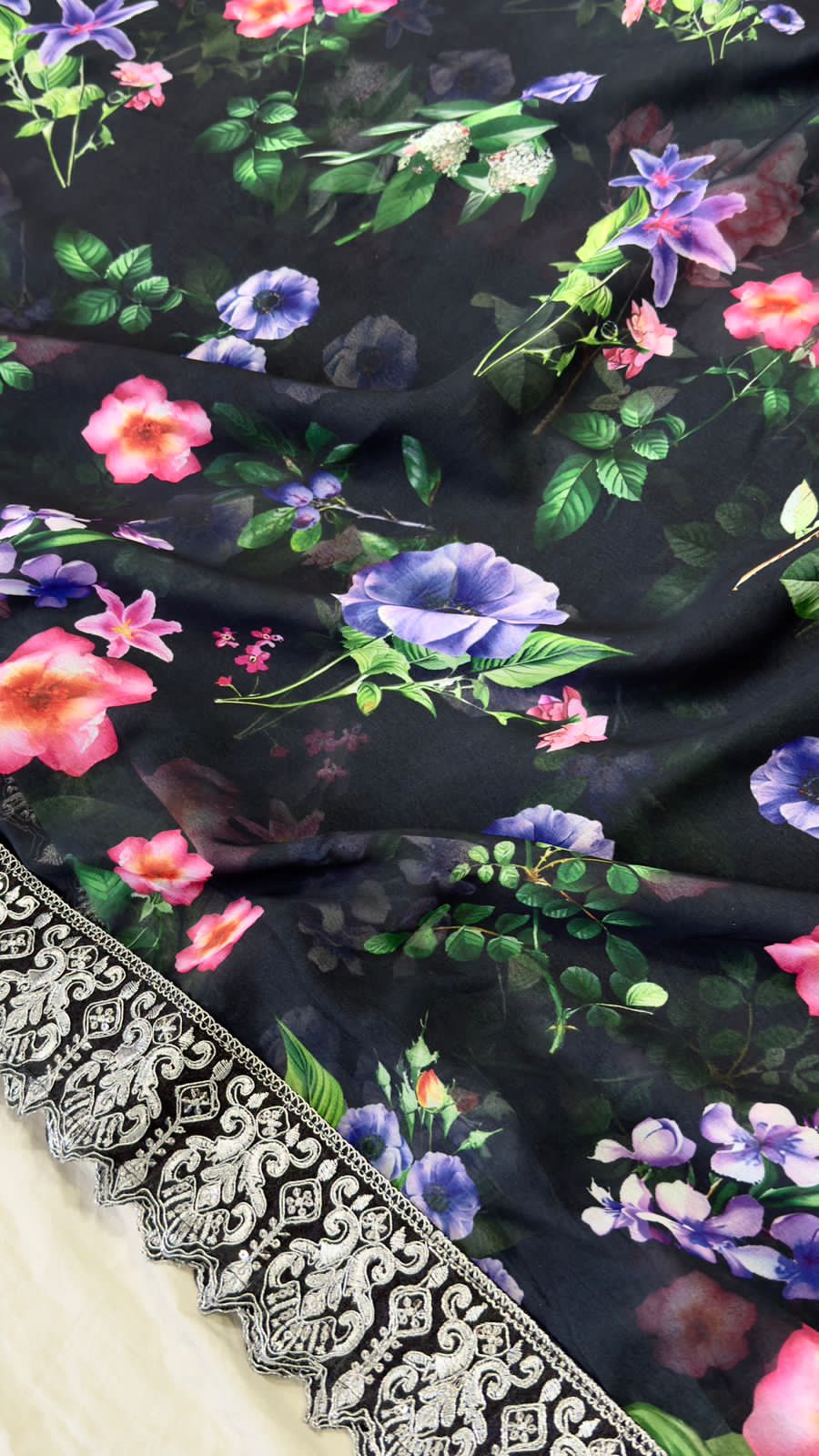 Floral Black Georgette Premium Print & Embroidered Work Saree