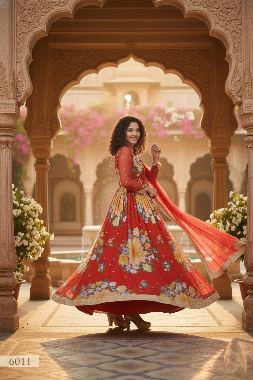 Elegant Red Floral Anarkali Suit with Golden Border