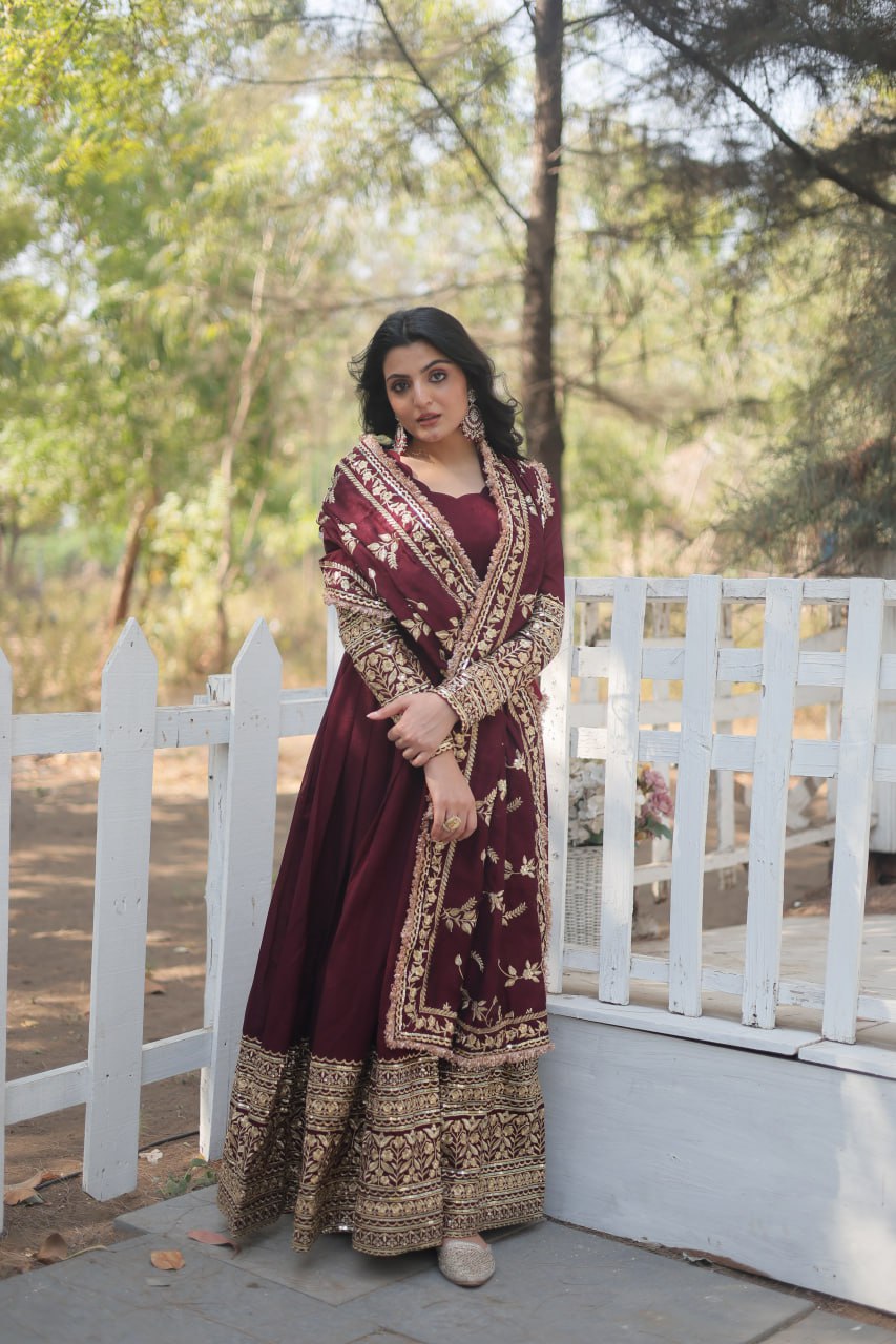 Premium Maroon Designer Gown Dupatta Set