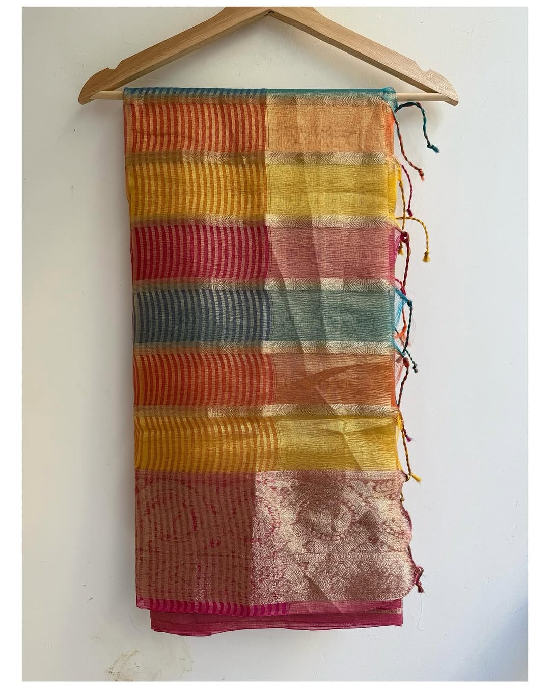 Pure Banarsi Tissue crush Multi Colors weaves shades and Heavy Tussles Saree