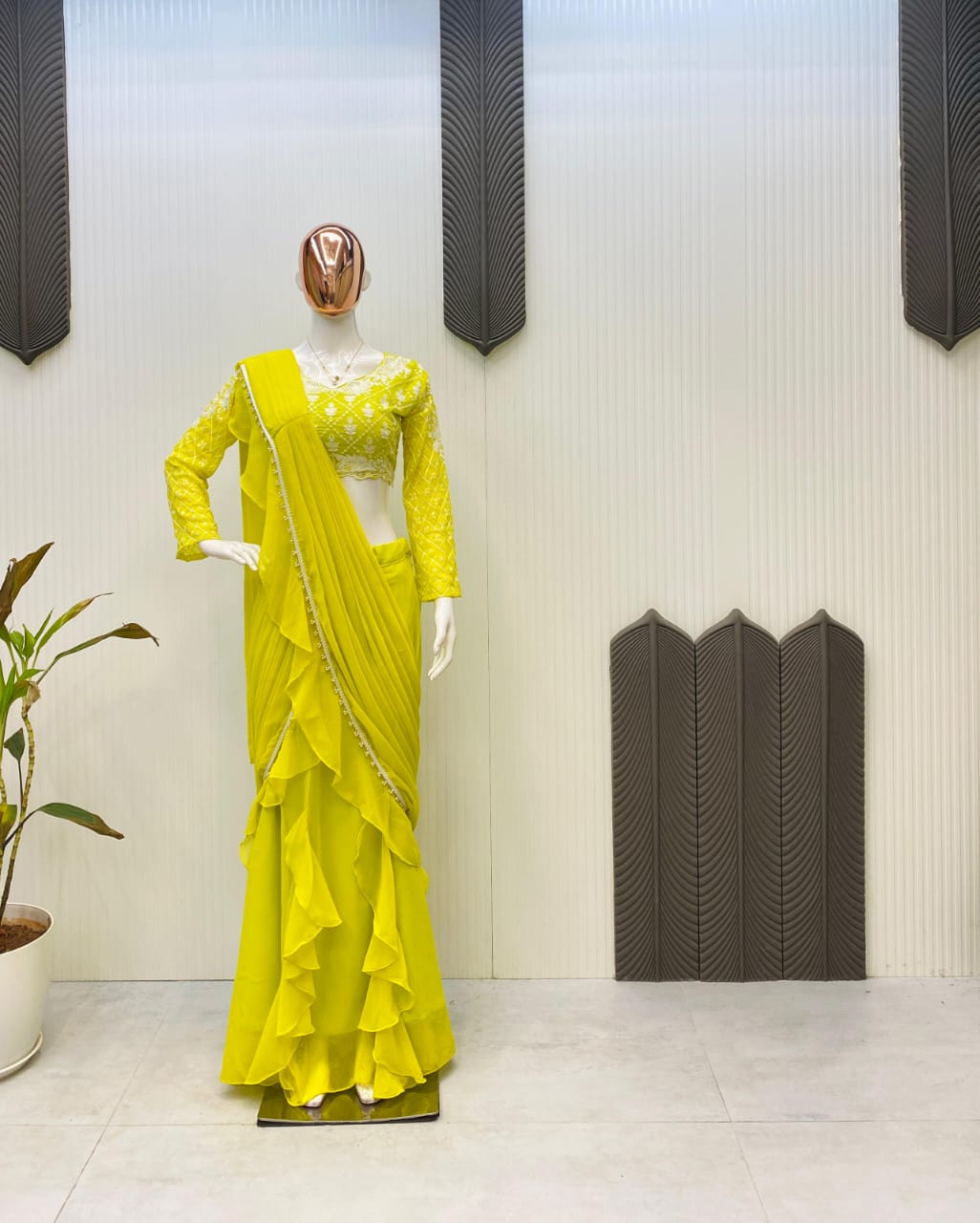 LEMON YELLOW RUFFLE READY TO WEAR SAREE