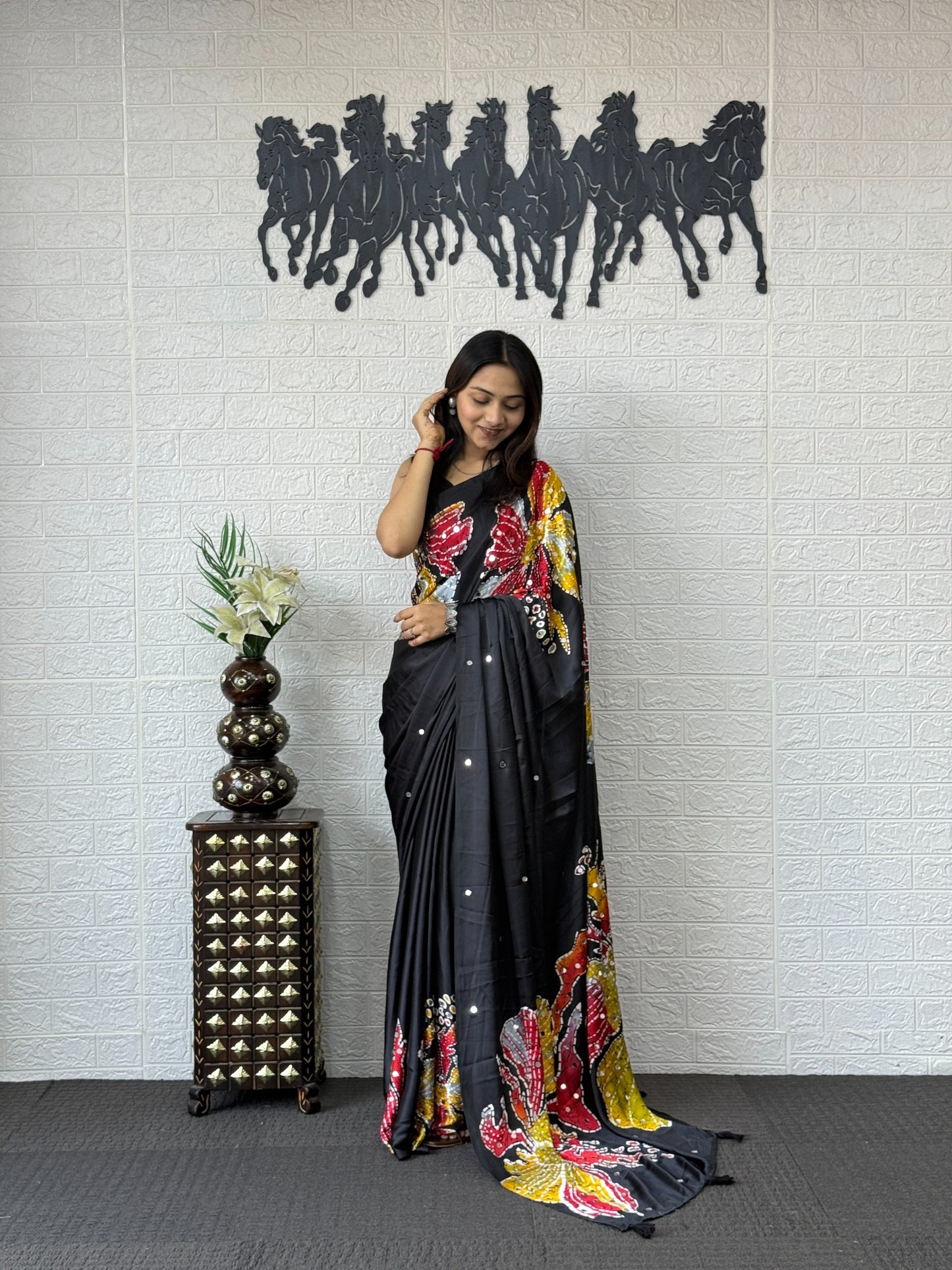 Stylish Bling Party Wear Mirror Work Saree