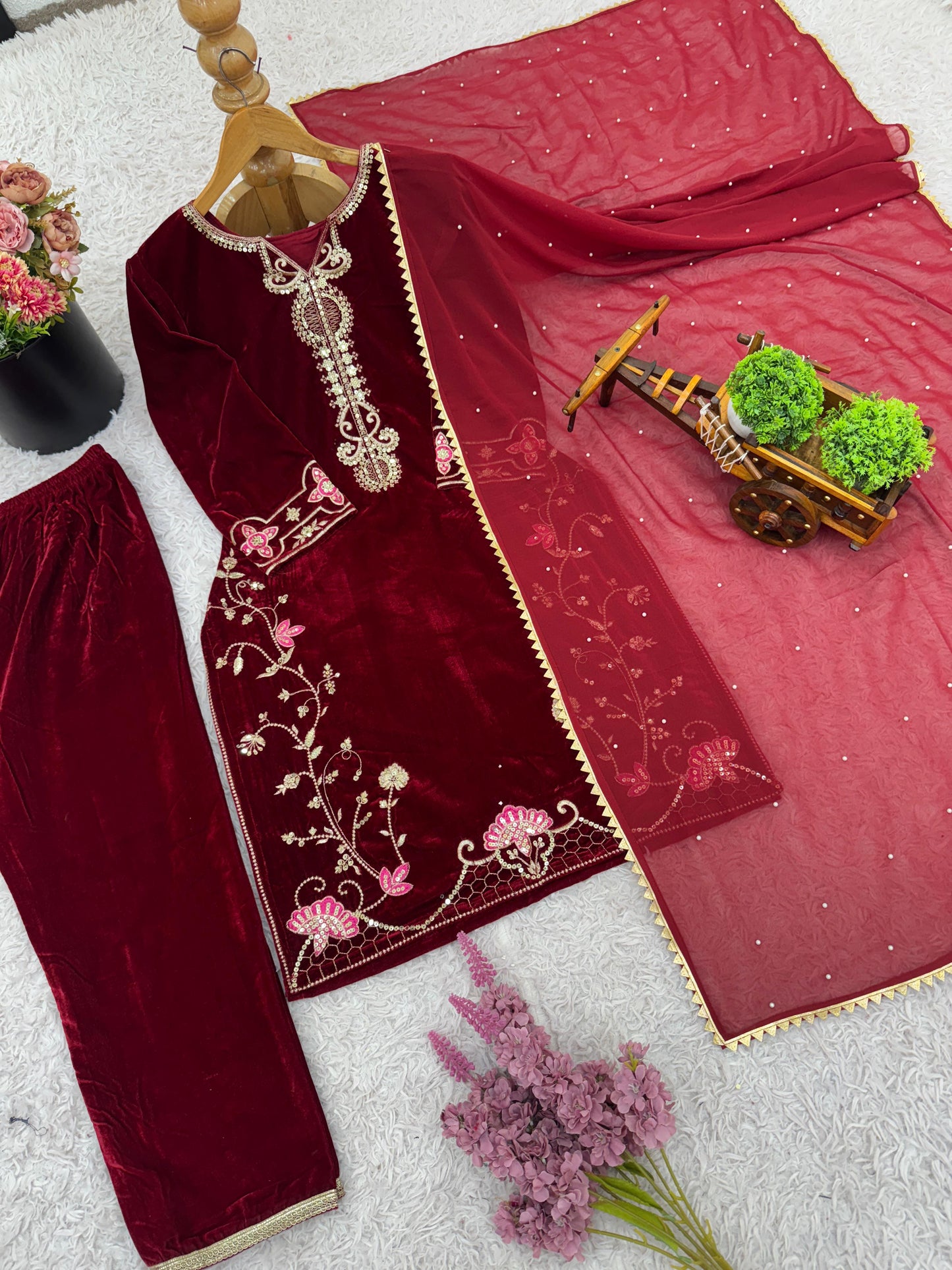Maroon Velvet Awesome Ready To Wear Suit Set