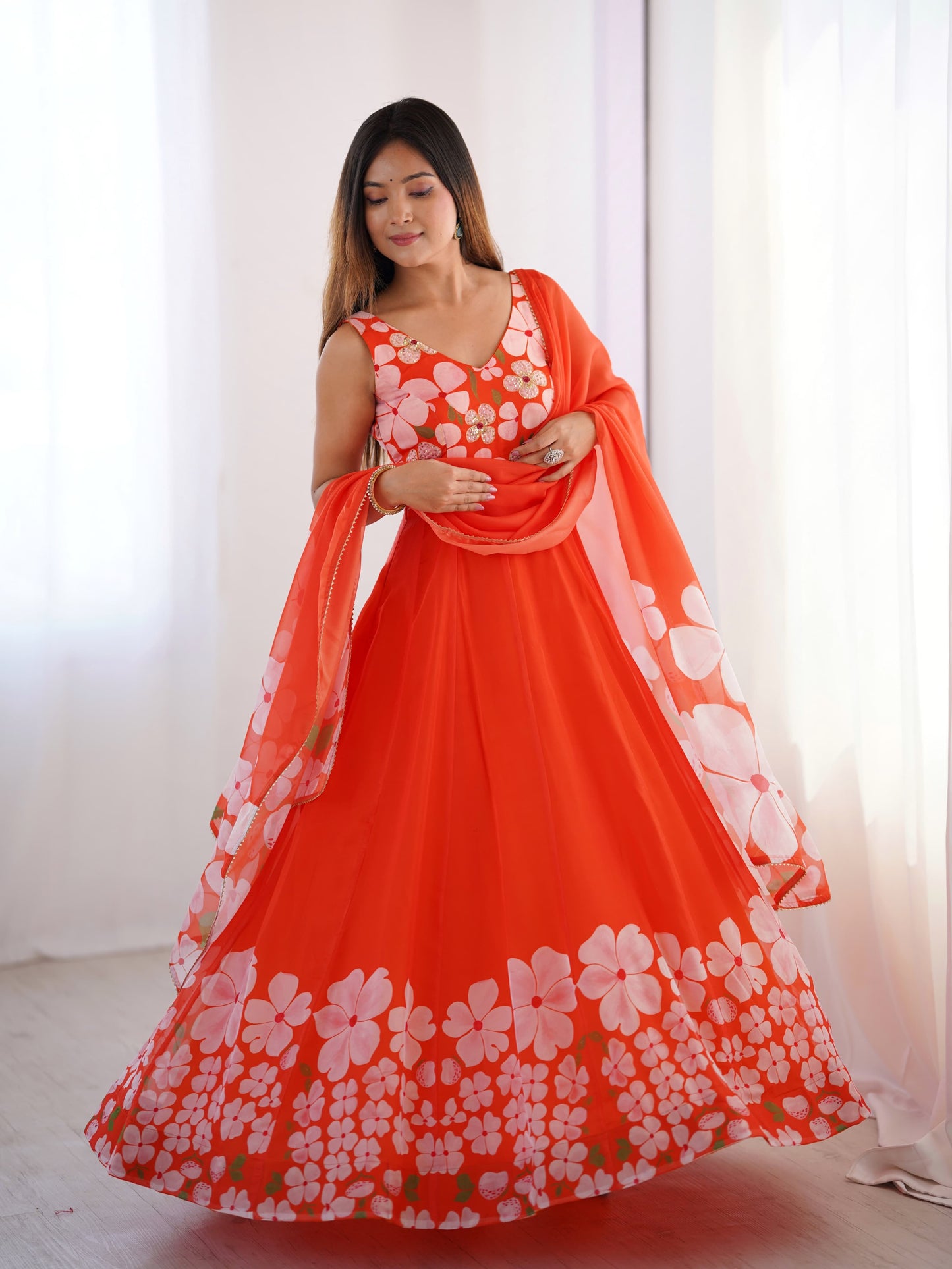 Orange Auspicious Handworked Gown (Ready To Wear)