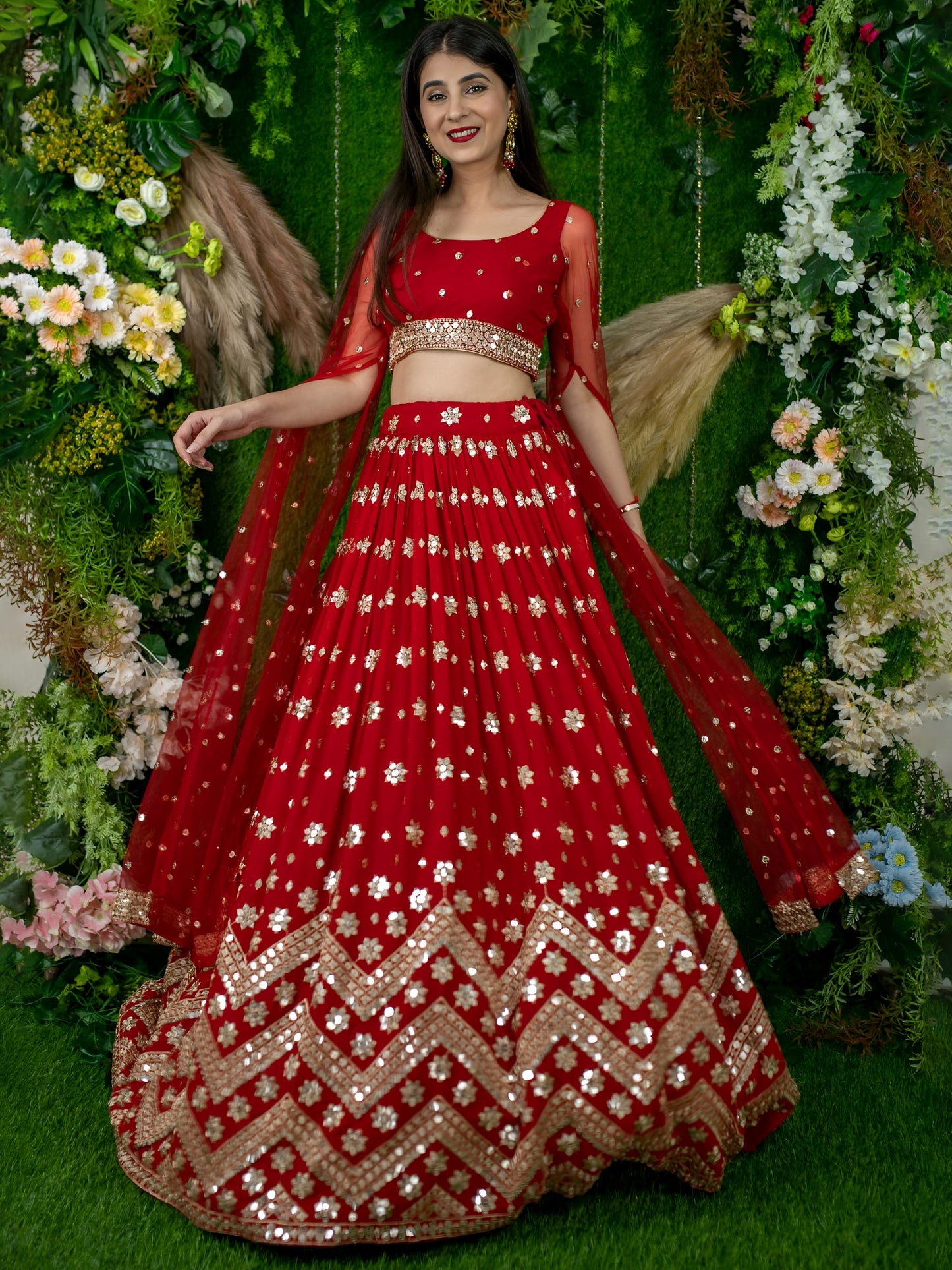 Red Sequins Embroidered Lehenga with Designer Blouse & Net Dupatta