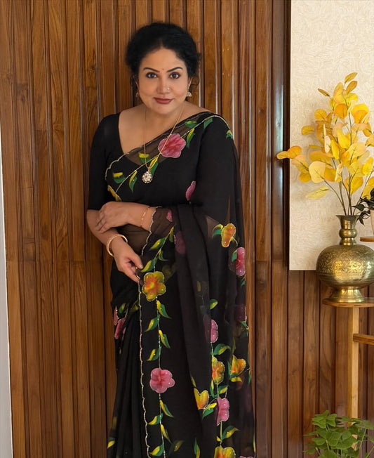Hand Painted Black Floral Saree