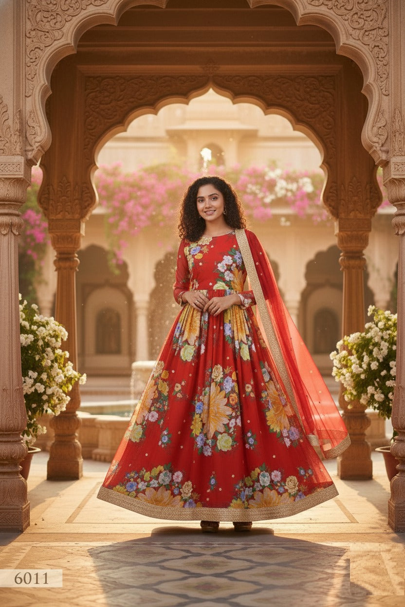 Elegant Red Floral Anarkali Suit with Golden Border