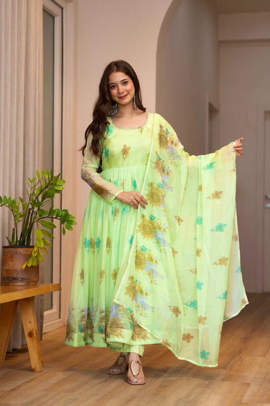 Light Green 💚 Organza Floral Print Ready To Wear Suit
