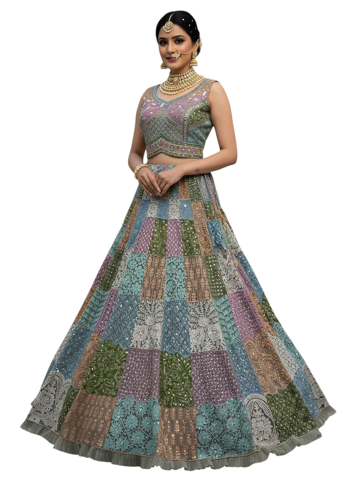Handworked Designer Made Full Flaired Chain Embroidery with Real Mirror work Designer Lehenga Choli