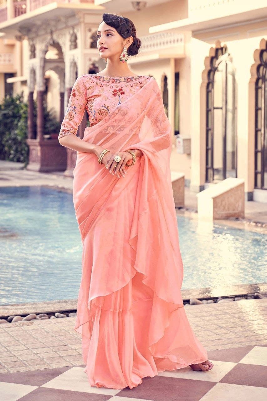Peach Pink Organza Thread Zari Sequins Worked Saree