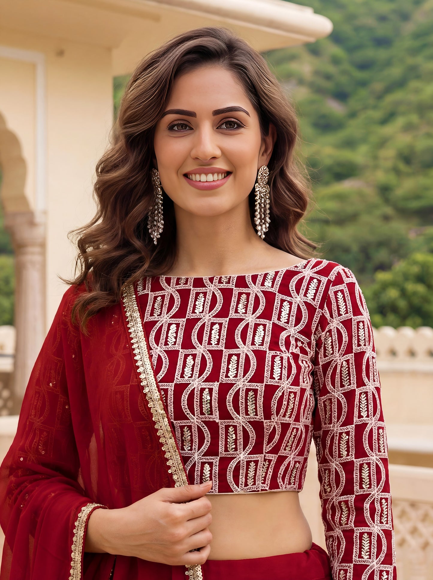 Rosy Red Embroidered Georgette Lehenga Set