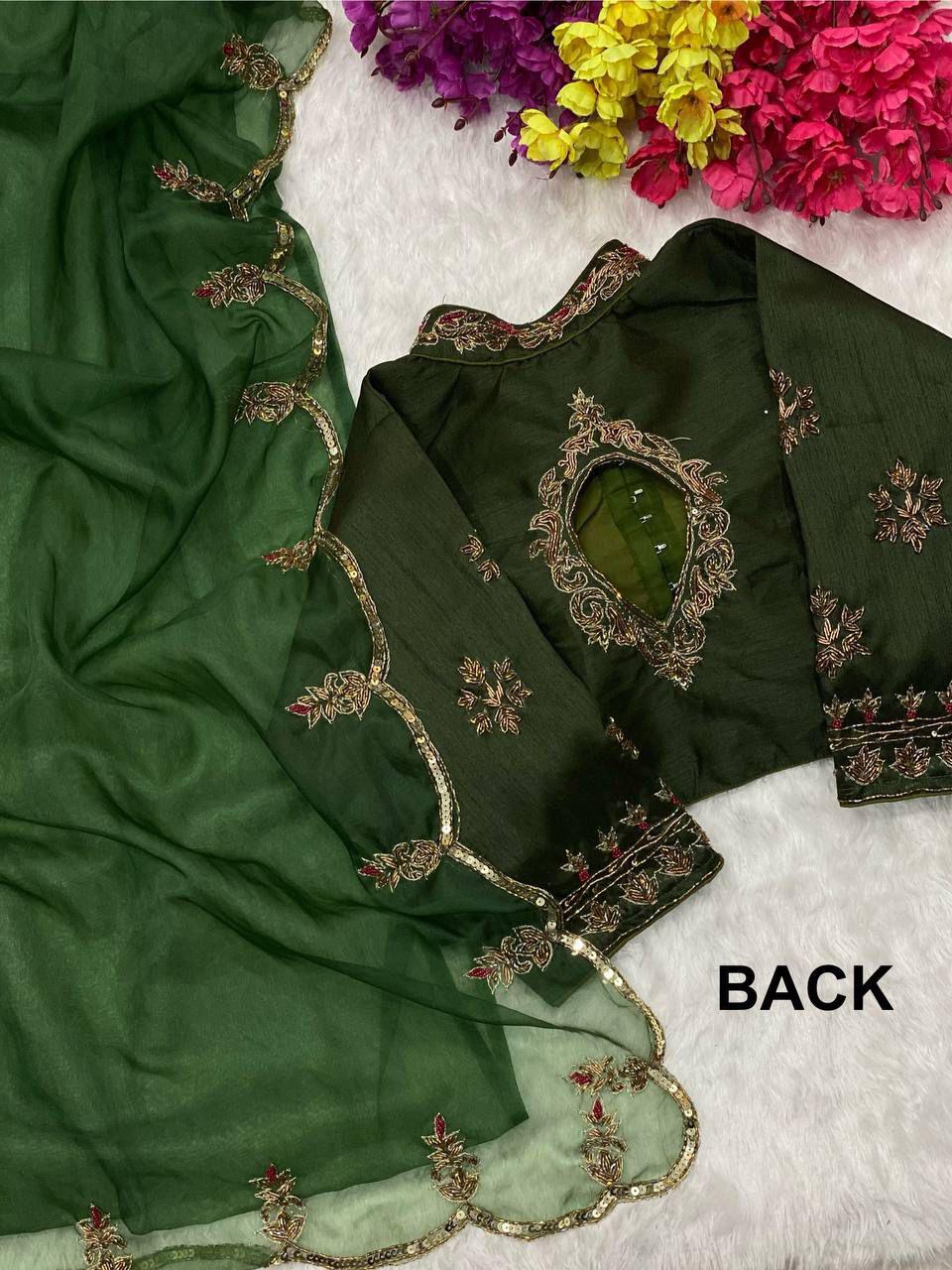 Evergreen Green Premium Organza Saree