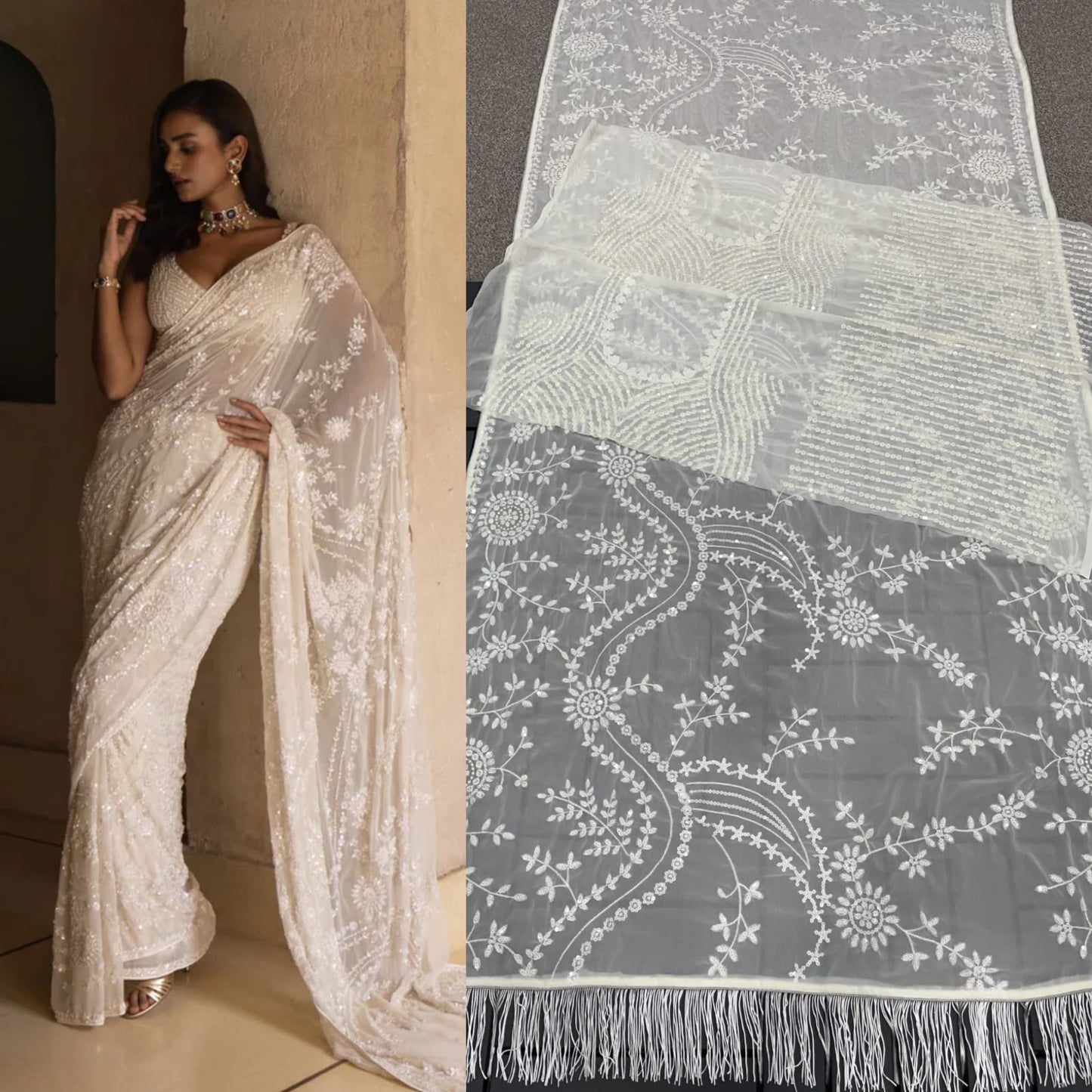 White Bling Bollywood Style Sequin Saree