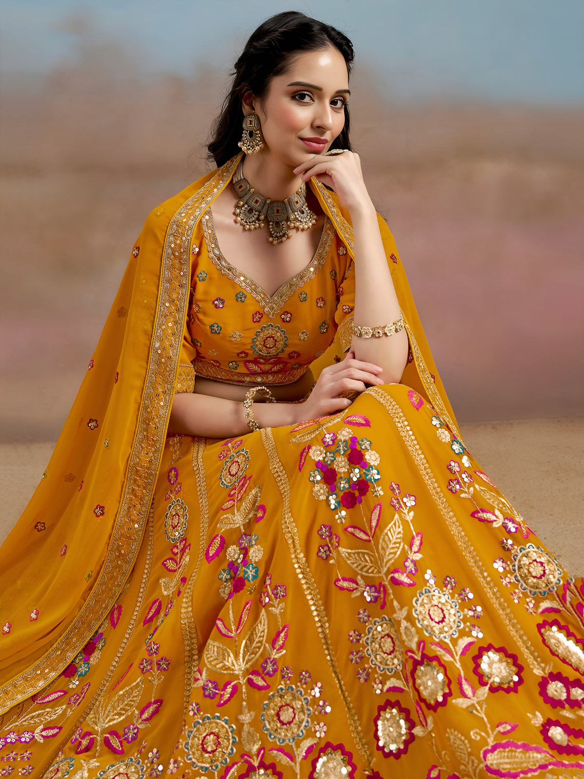 Sunlit Mustard Floral Embroidered Lehenga
