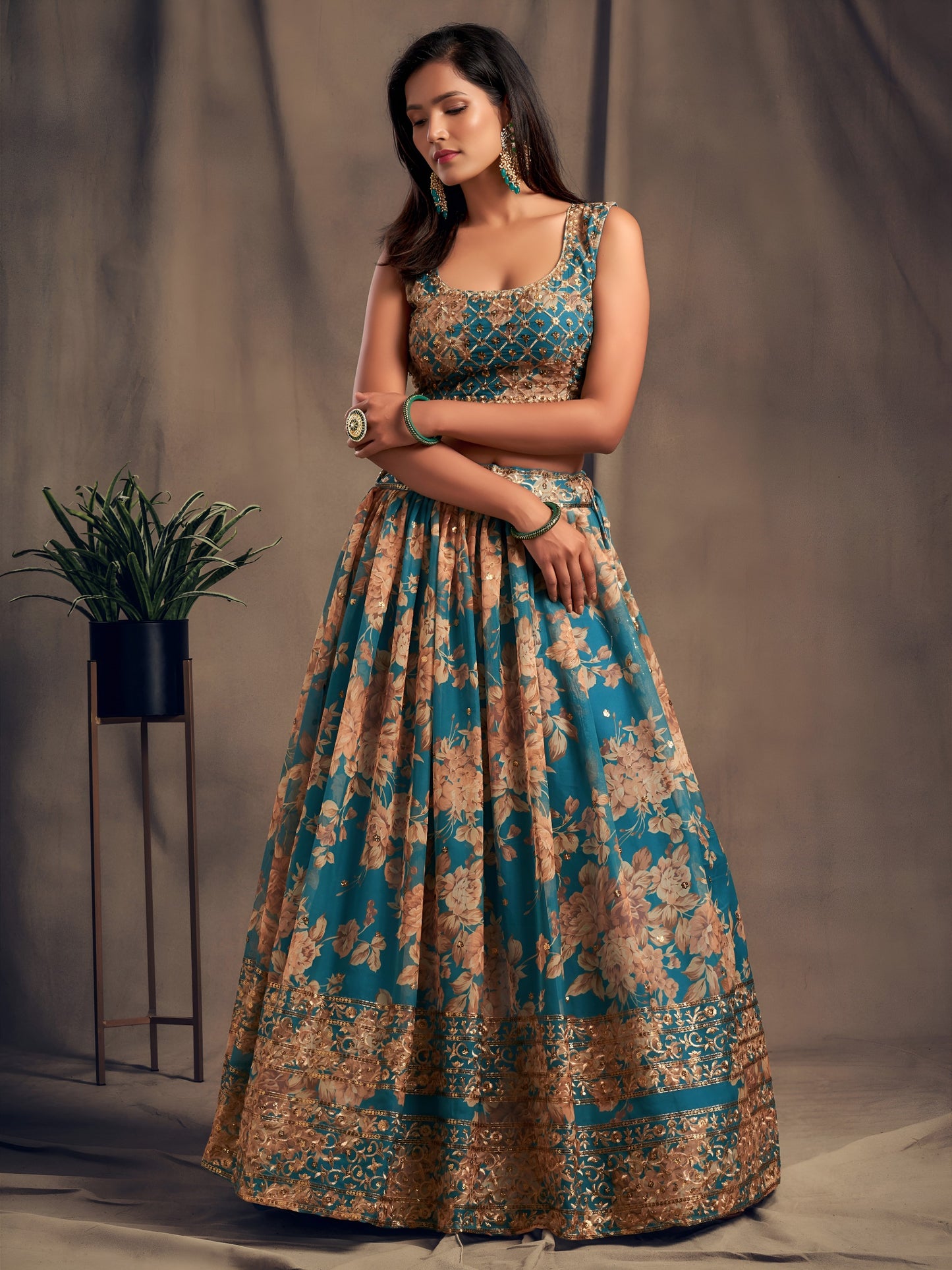 Teal Blue Floral Designer Lehanga Set